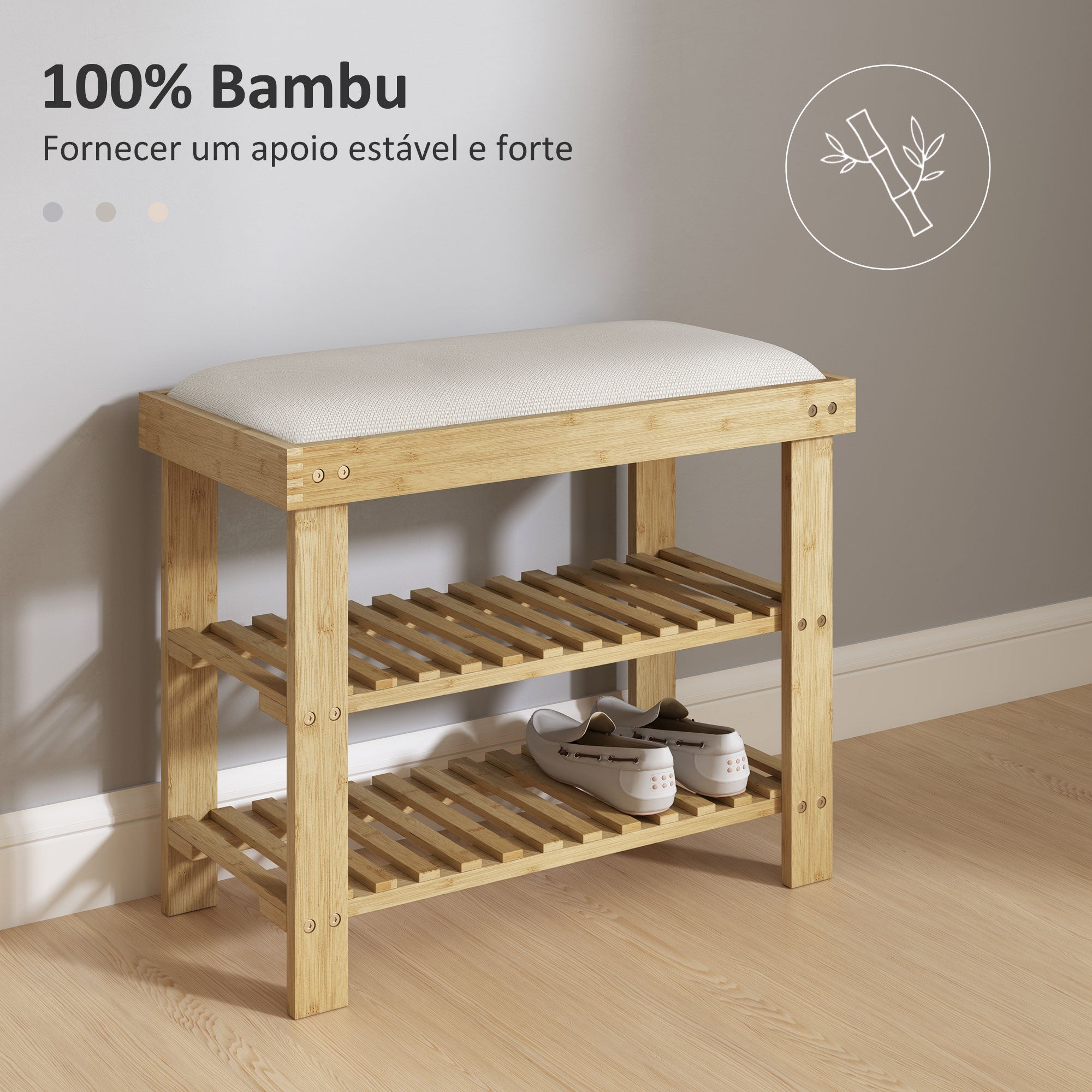 Banco Sapateira com Assento Almofadado 60x29x49 cm - Creme e Madeira