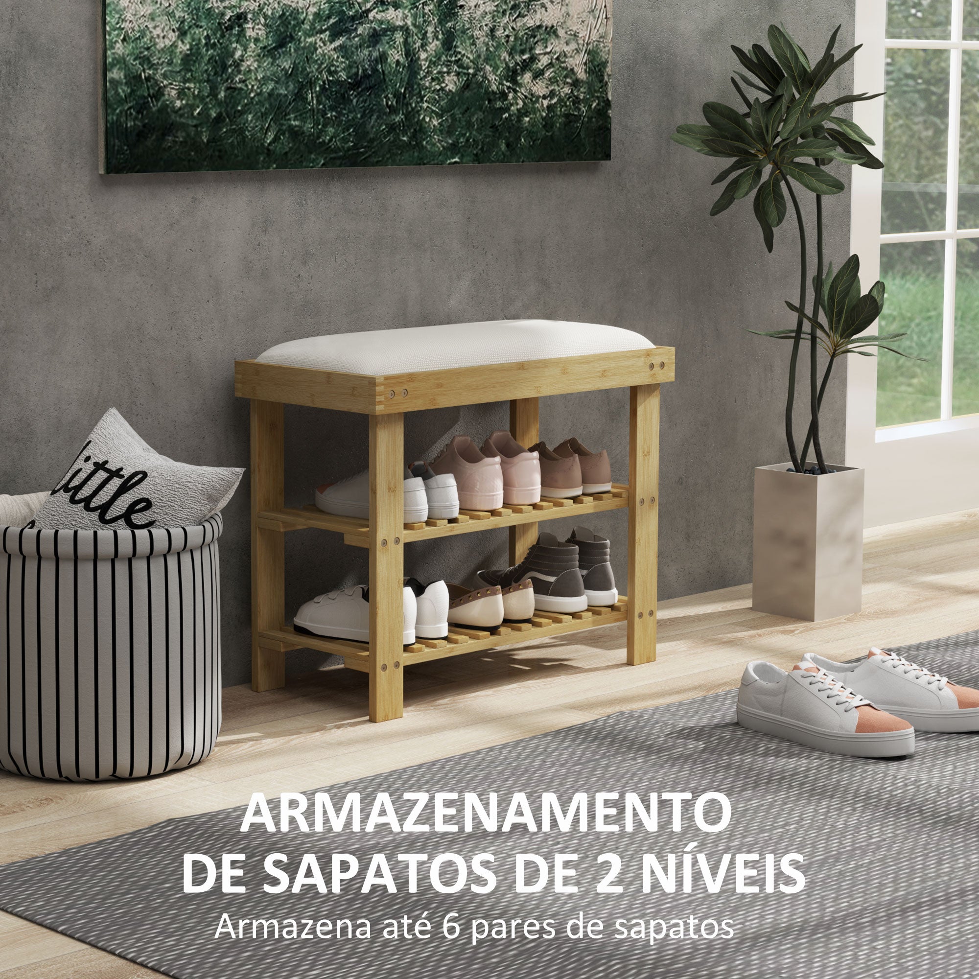 Banco Sapateira com Assento Almofadado 60x29x49 cm - Creme e Madeira