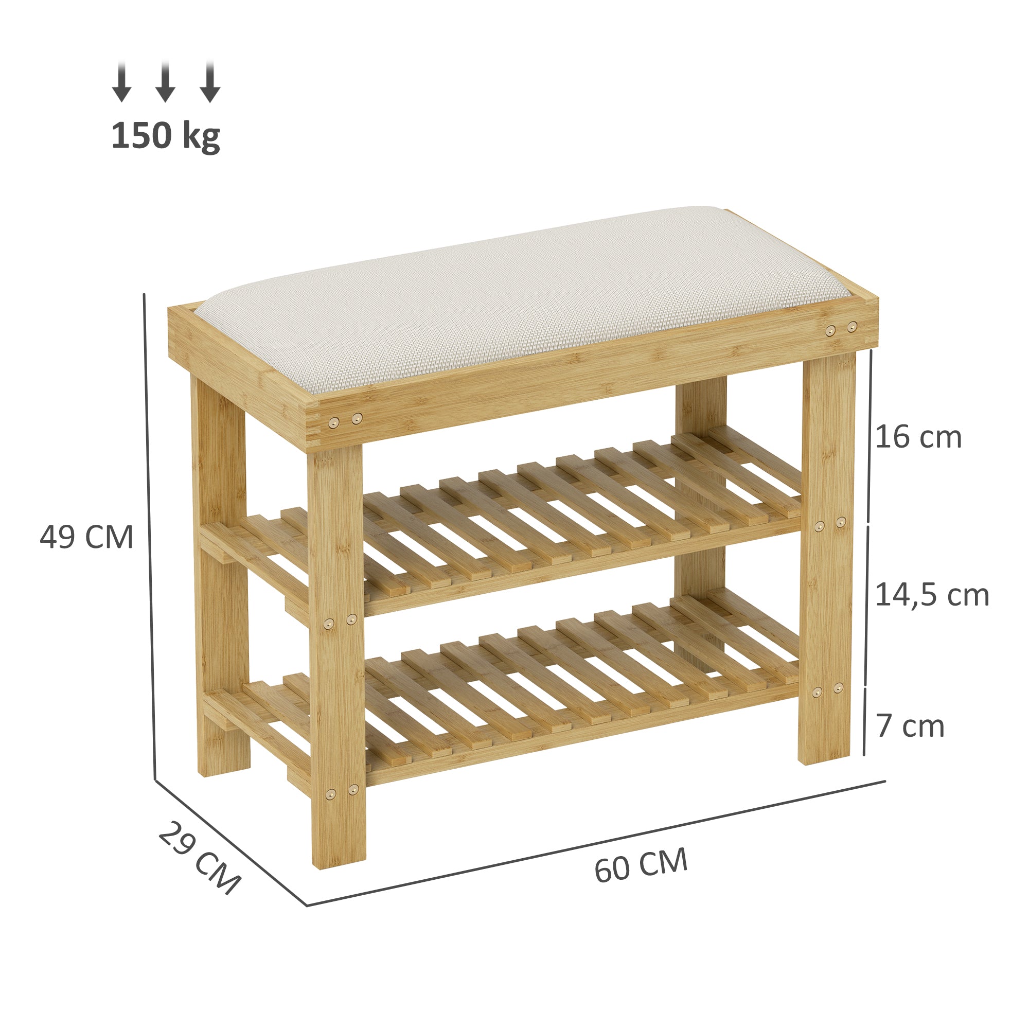 Banco Sapateira com Assento Almofadado 60x29x49 cm - Creme e Madeira