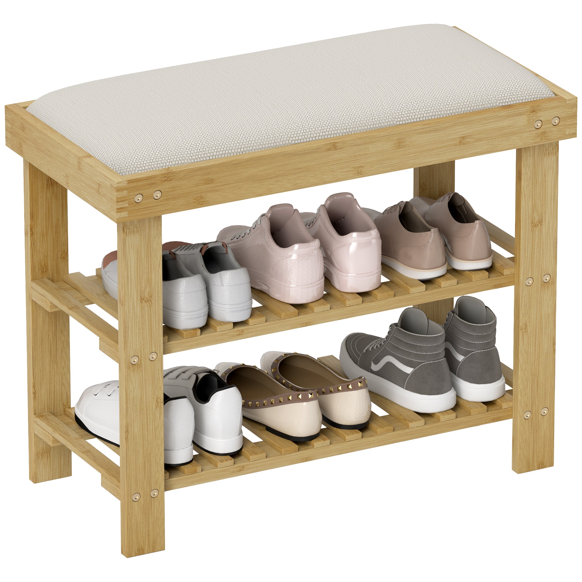 Banco Sapateira com Assento Almofadado 60x29x49 cm - Creme e Madeira