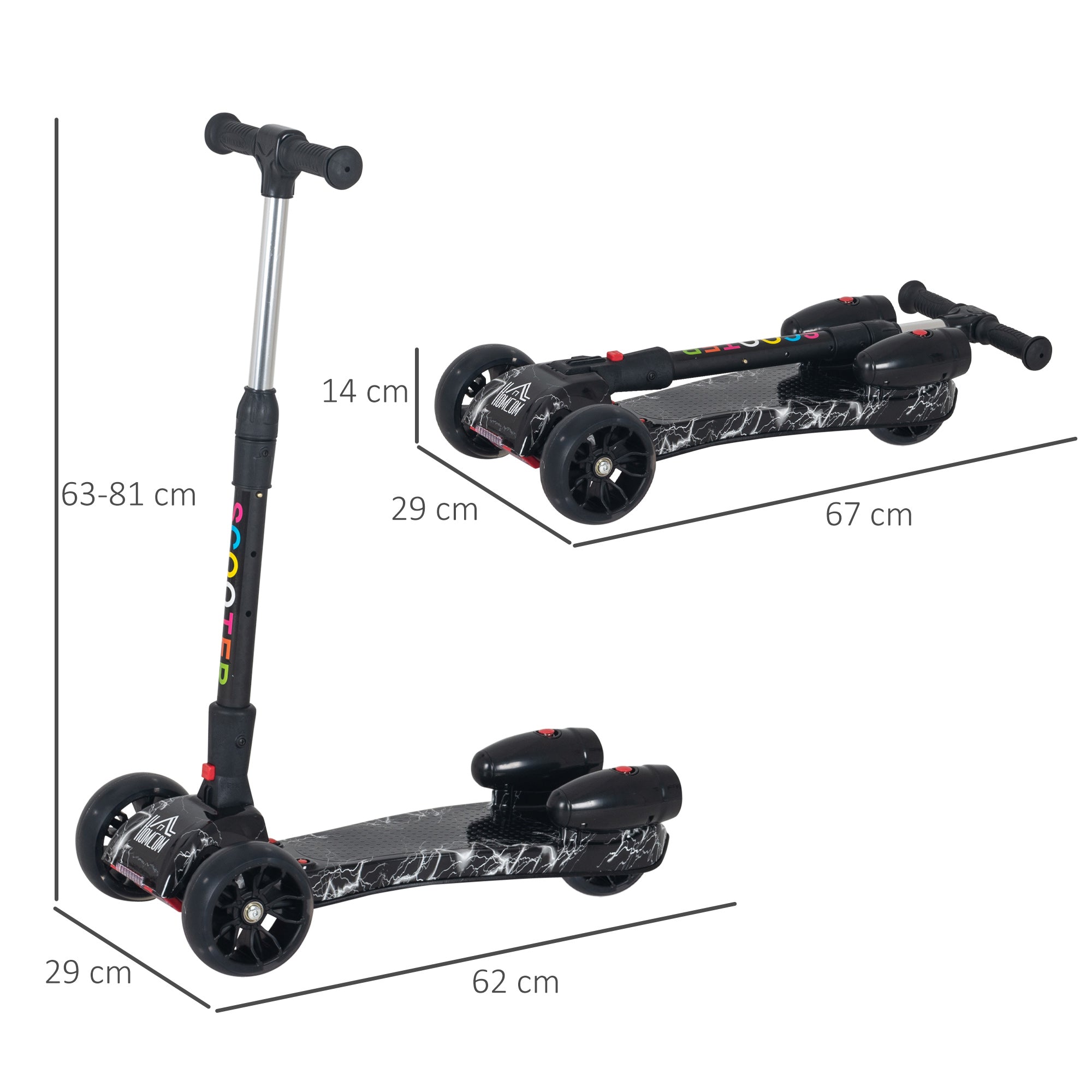 Trotinete Infantil Ajustável em Altura 4 Níveis Preto 61x26x63-81 cm