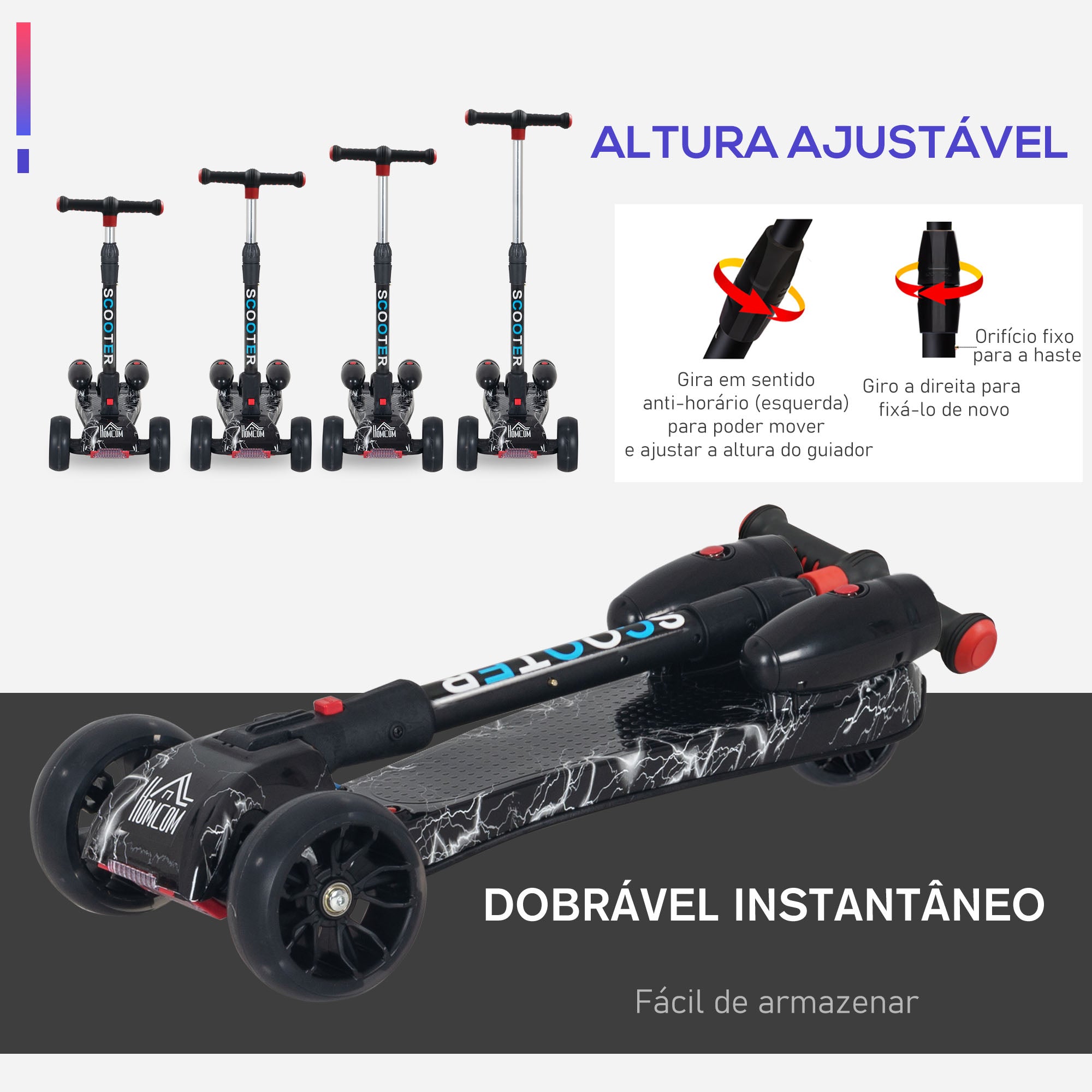 Trotinete Infantil Ajustável em Altura 4 Níveis Preto 61x26x63-81 cm