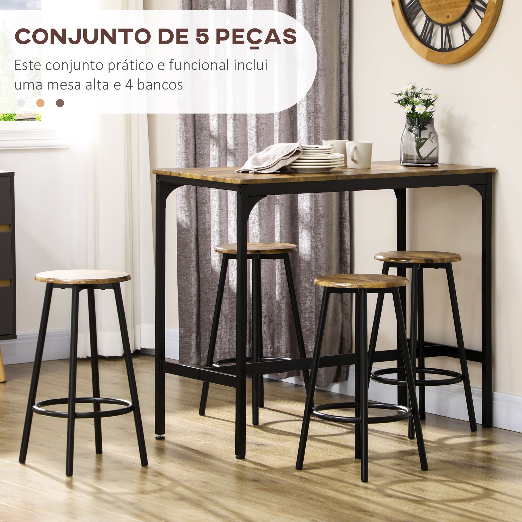 Conjunto de Móveis Altos Mesa e Cadeiras de Bar 110x50x89,5 cm Marrom Rústico e Preto