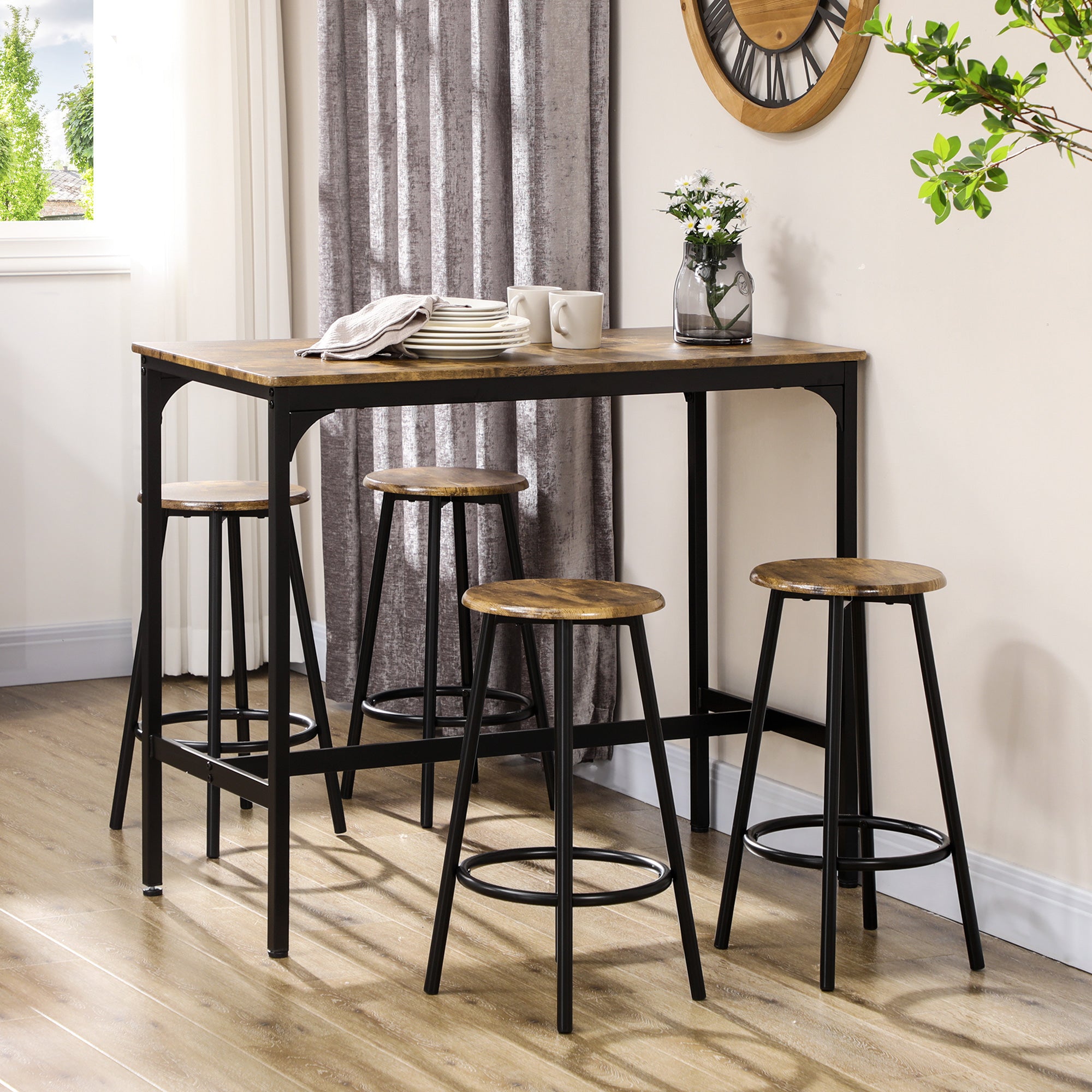 Conjunto de Móveis Altos Mesa e Cadeiras de Bar 110x50x89,5 cm Marrom Rústico e Preto