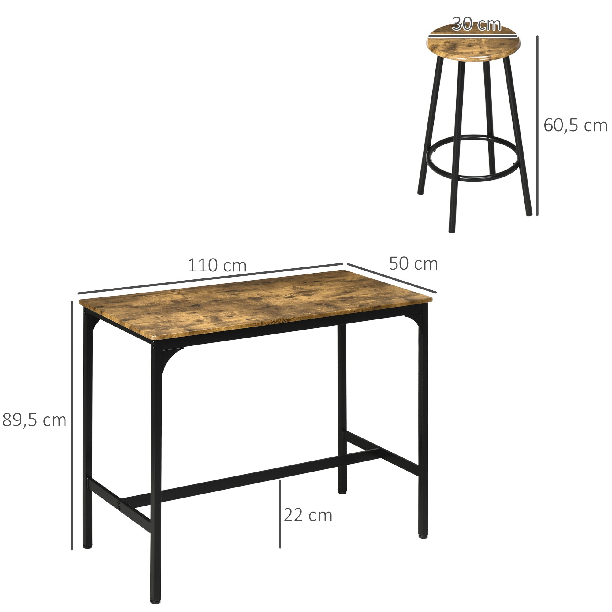 Conjunto de Móveis Altos Mesa e Cadeiras de Bar 110x50x89,5 cm Marrom Rústico e Preto