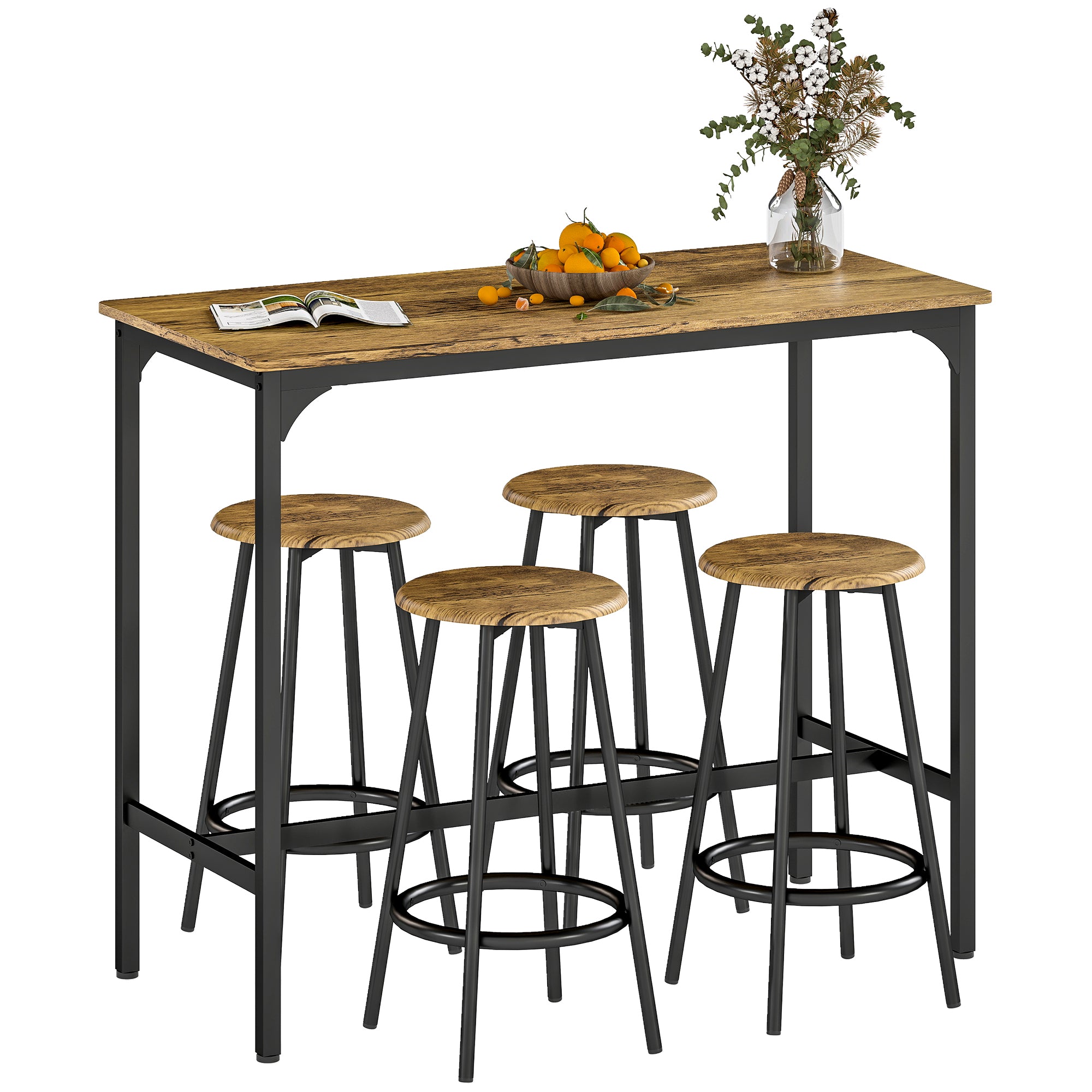Conjunto de Móveis Altos Mesa e Cadeiras de Bar 110x50x89,5 cm Marrom Rústico e Preto