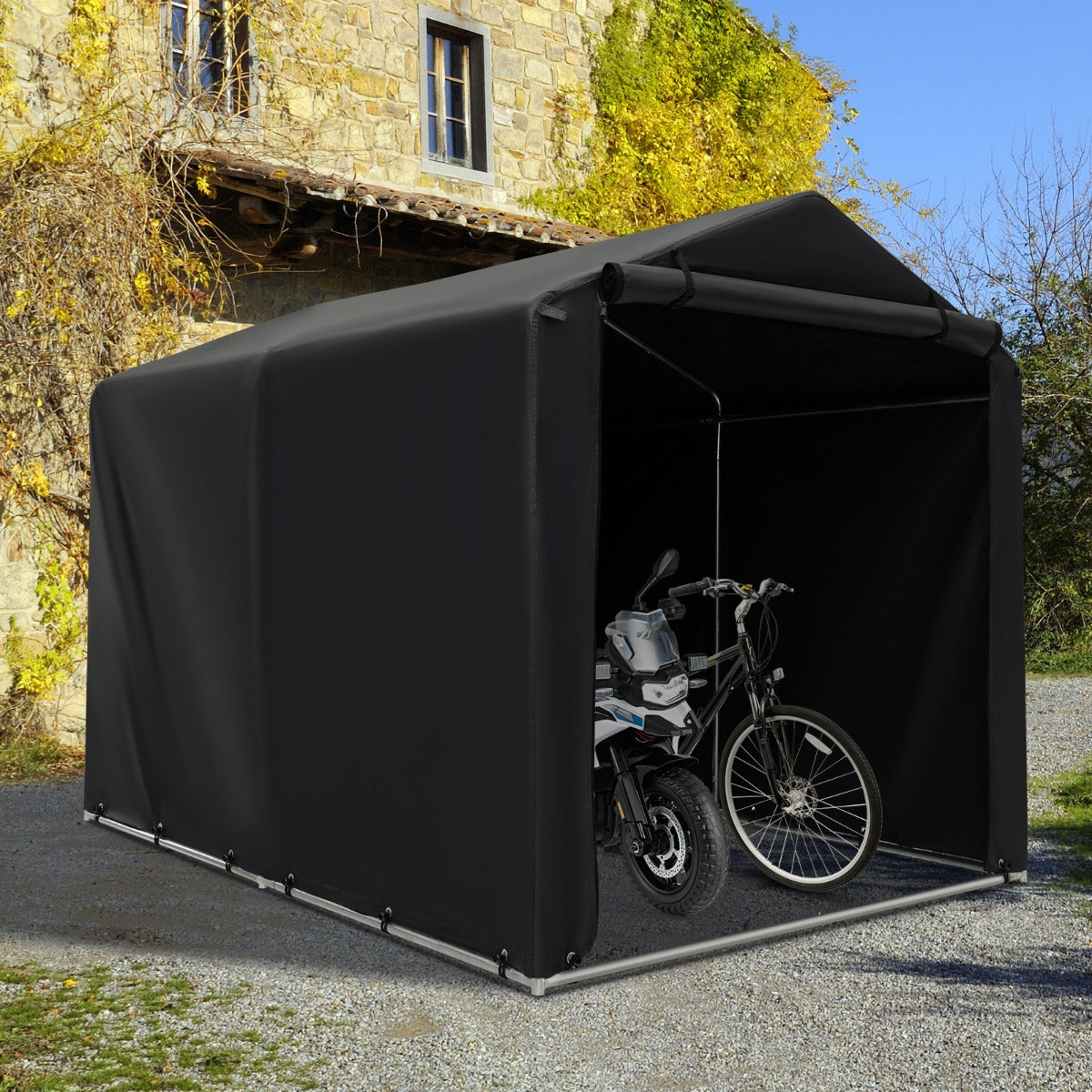 Cobertizo para Bicicleta Exterior com Porta Enrolável com Fecho de Correr Abrigo de Garagem Portátil para Ferramentas 160 x 218 x 164 cm Cinzento