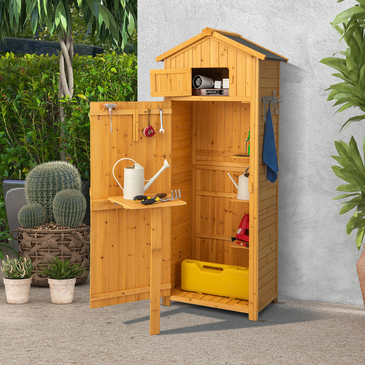 Armário de Jardim para Ferramentas com Mesa Dobrável e Ganchos de Organização