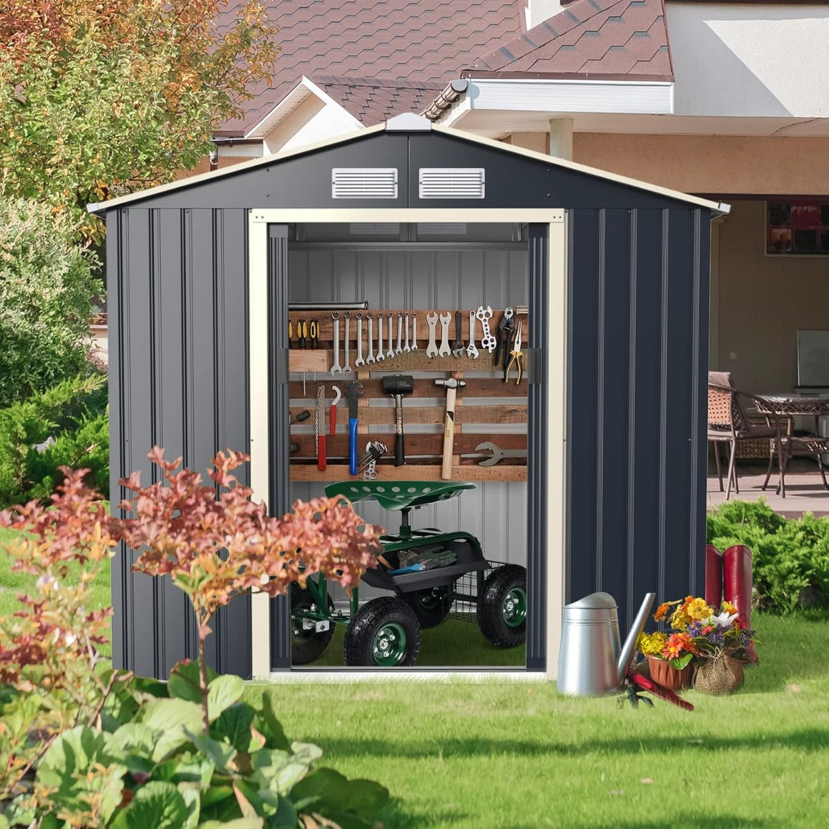 Abrigo de Jardim metálico para Ferramentas com 4 Janelas de ventilação e 2 Portas Telhado Resistente às Intempéries Cinzento 213x127x195cm