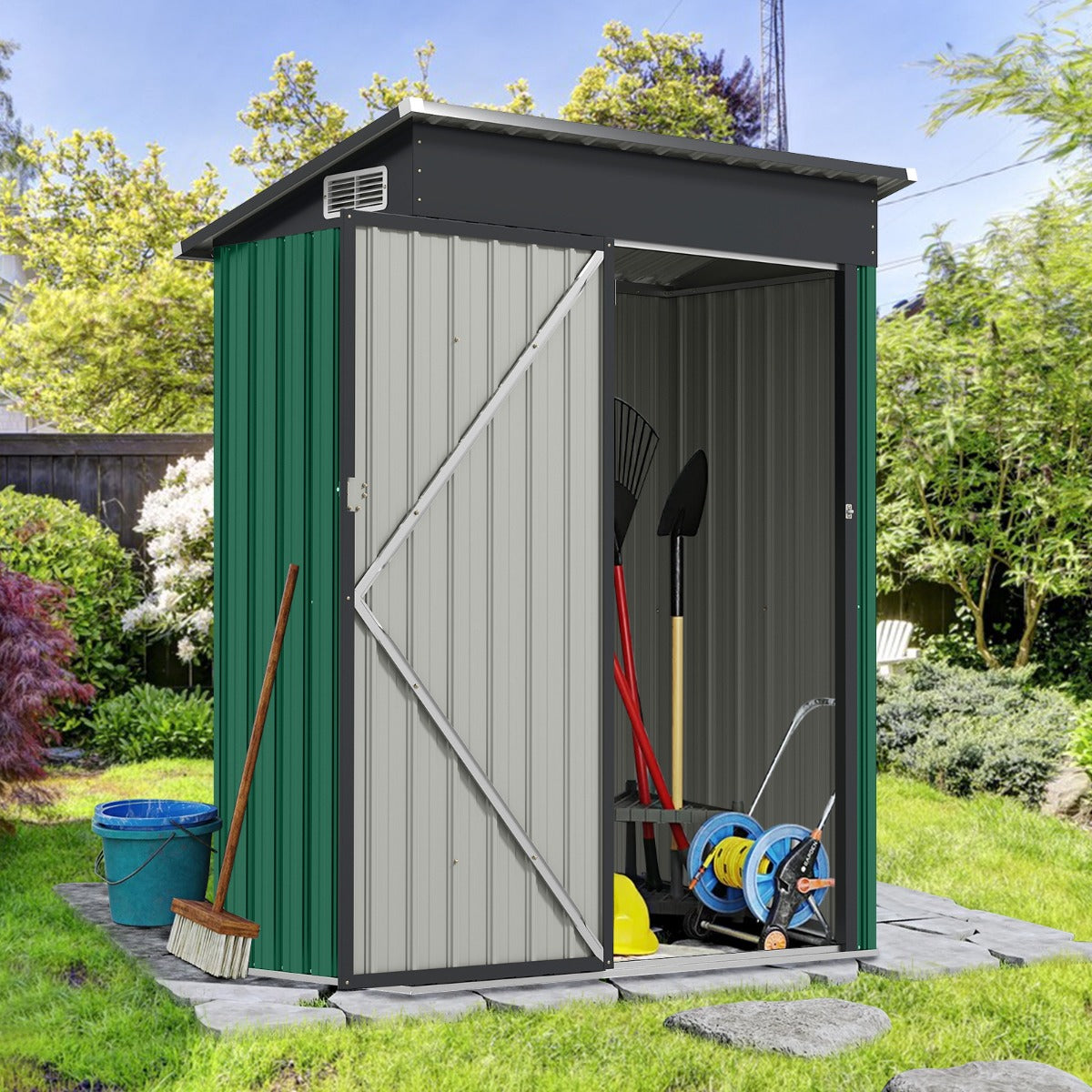 Abrigo de Jardim com Telhado Inclinado Portas com Fechadura Ventilação Pátio Jardim 150 x 88 x 185 cm Verde Claro