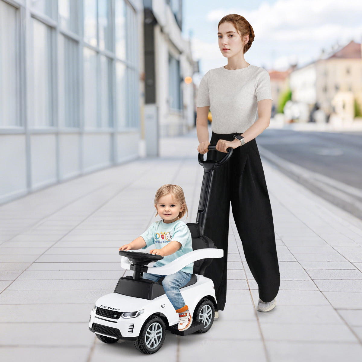 Carrinho de Empurrar 3 em 1 para Crianças 18-36 Meses Brinquedo de Passeio com Pega Removível Carrinho Deslizante com Buzina e Som Branco