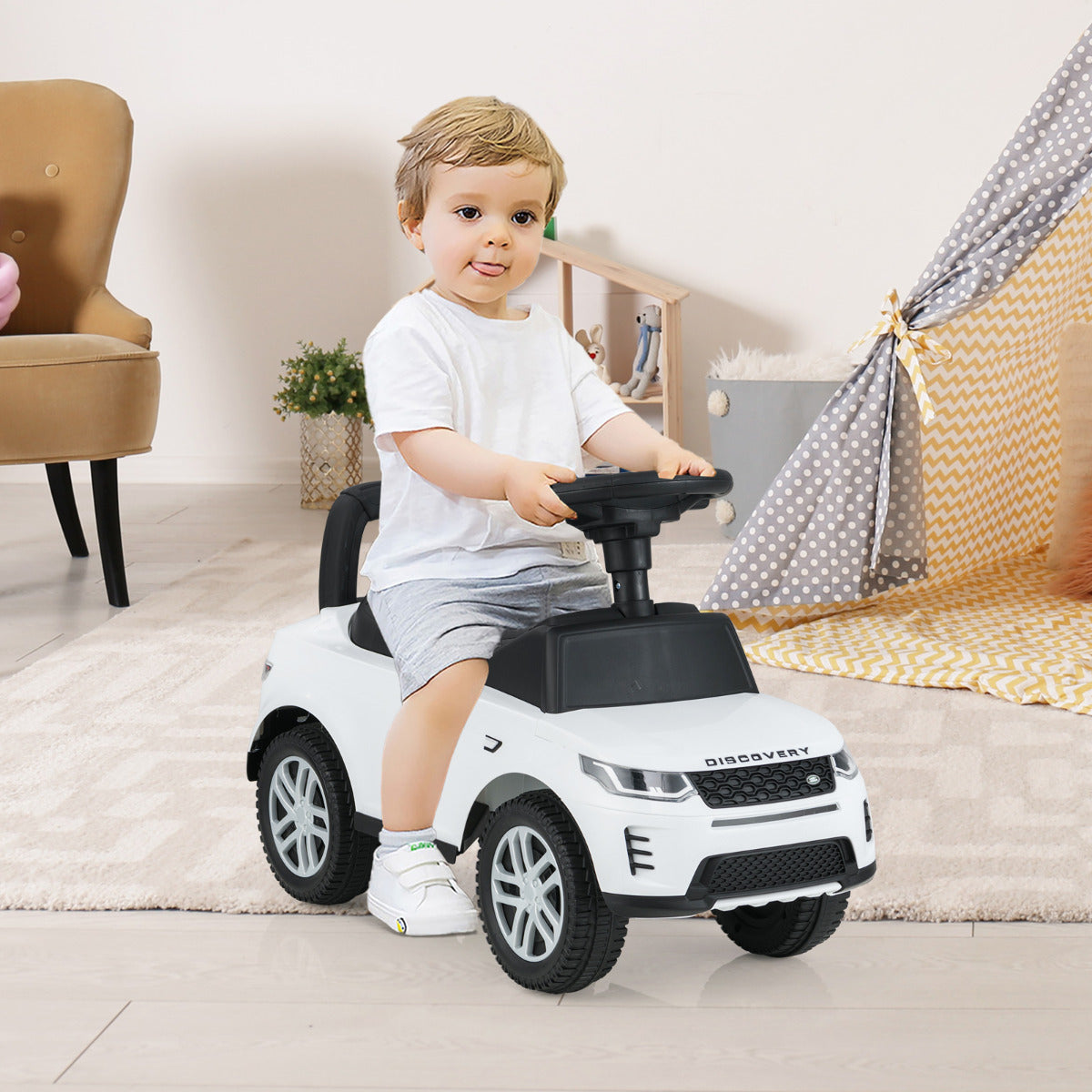 Coche de Empurrar para Crianças 12-36 Meses Brinquedo Deslizante com Buzina Sons e Armazenamento Brinquedo para Sentar e Deslizar - Branco