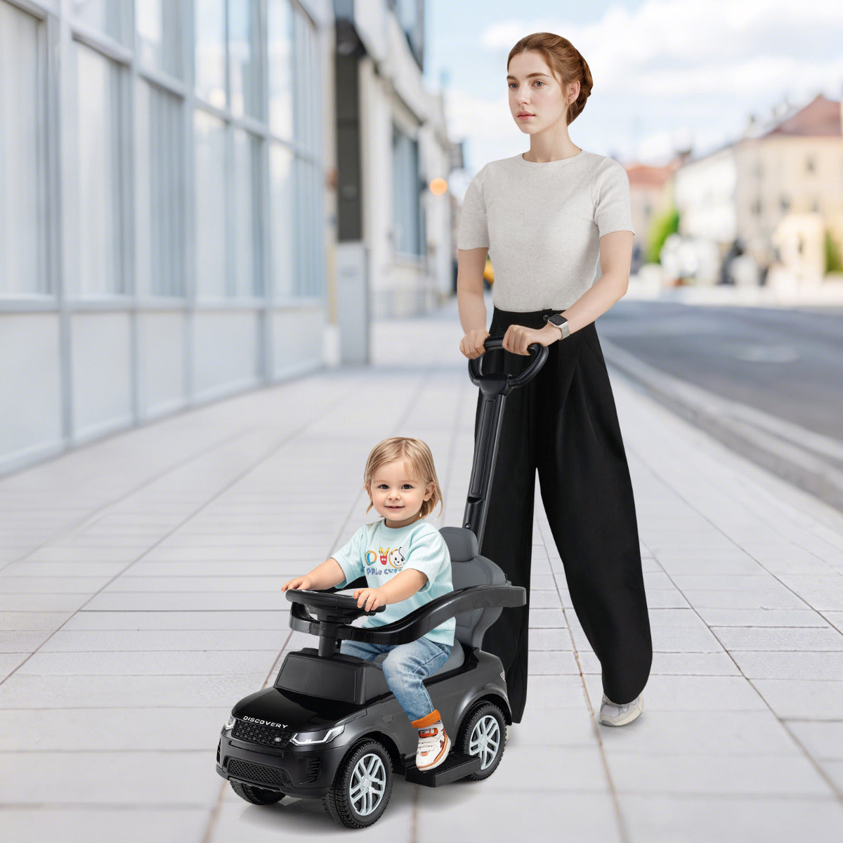 Carro de Empurrar 3 em 1 para Crianças 18-36 Meses Brinquedo de Passeio com Pega Removível Carro Deslizante de Chão com Buzina e Som Preto
