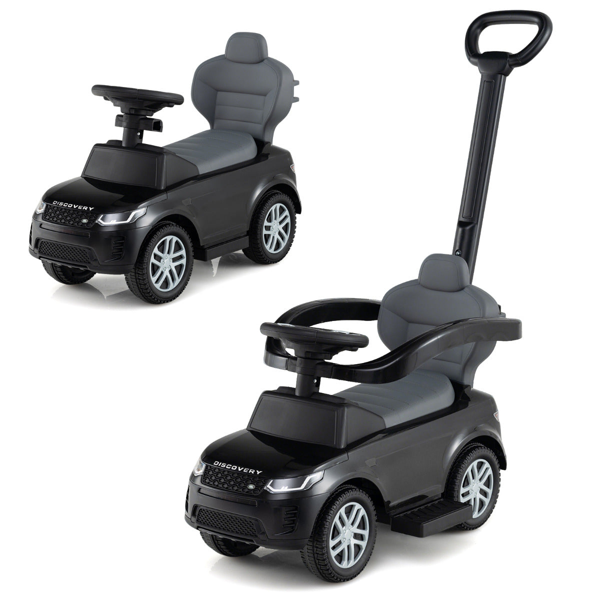 Carro de Empurrar 3 em 1 para Crianças 18-36 Meses Brinquedo de Passeio com Pega Removível Carro Deslizante de Chão com Buzina e Som Preto