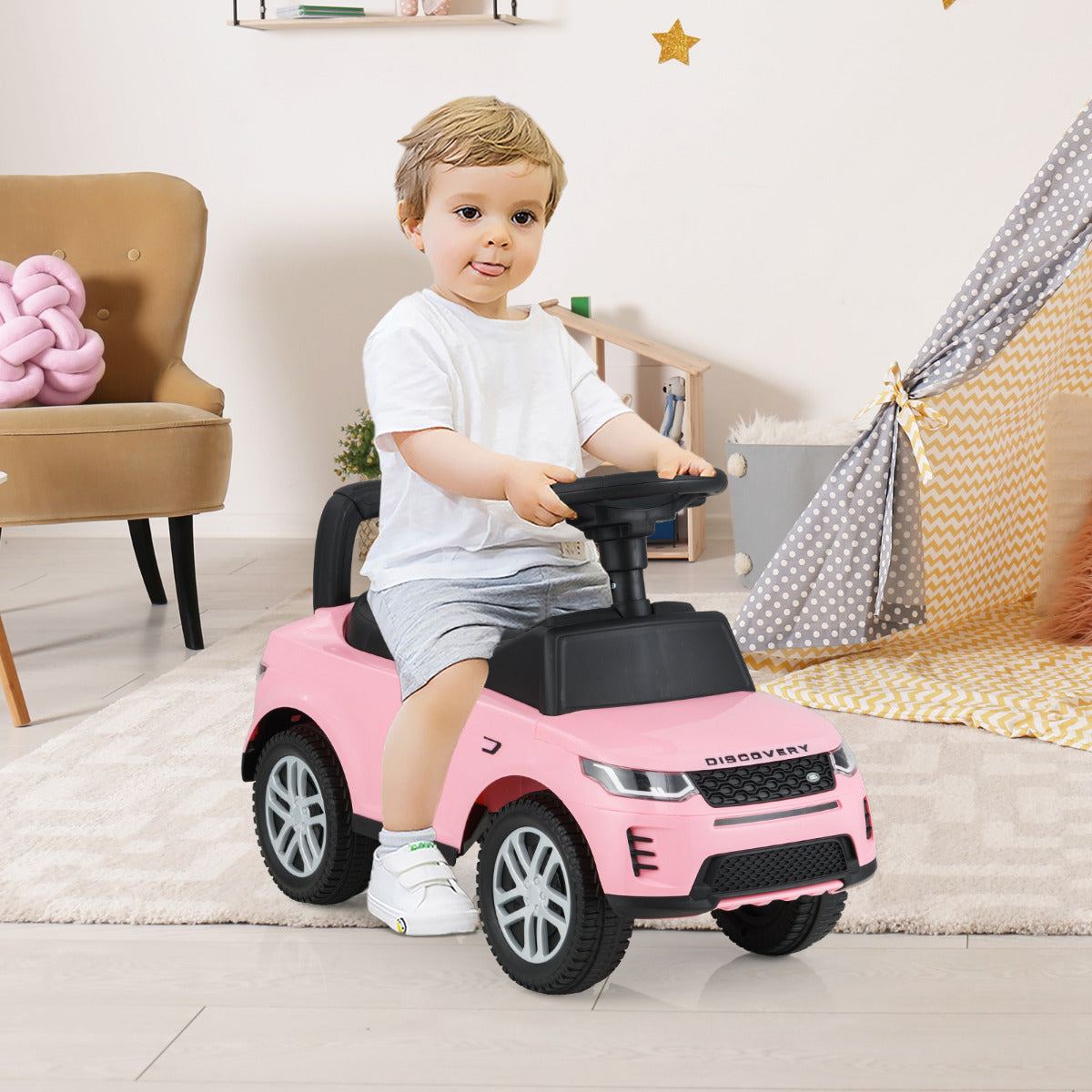 Carrinho de Empurrar para Crianças 12-36 Meses Brinquedo Deslizante de Chão com Buzina Sons e Armazenamento Brinquedo para Sentar e Deslizar - Rosa