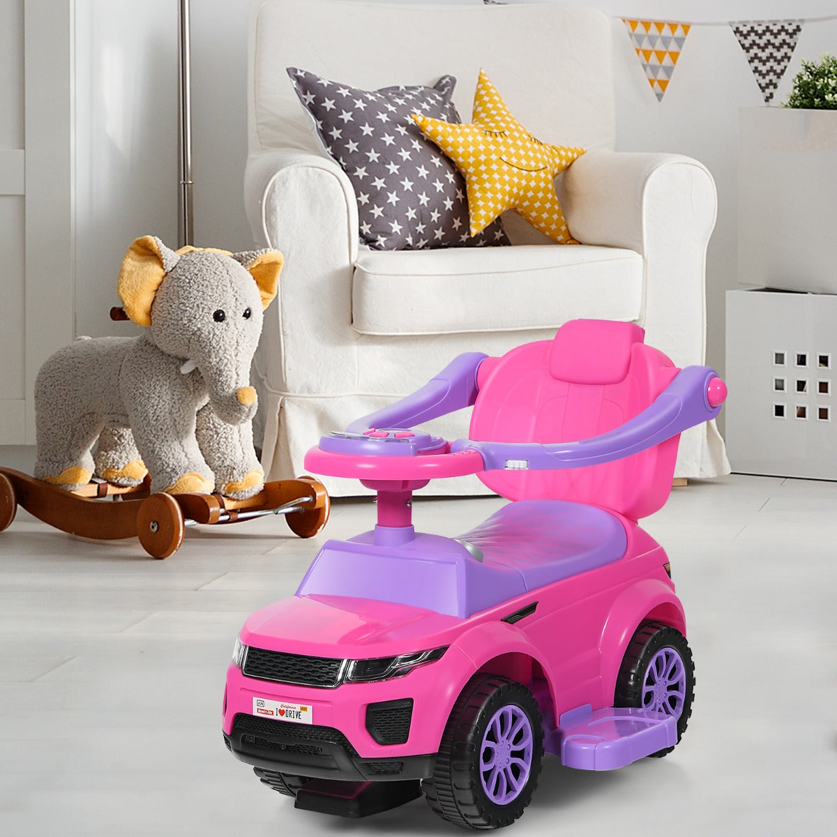 Coche de Empurrar 3 em 1 para Crianças de 12-36 Meses com Música, Luzes, Armazenamento Sob o Assento, Pega e Barras de Proteção em Cor-de-Rosa