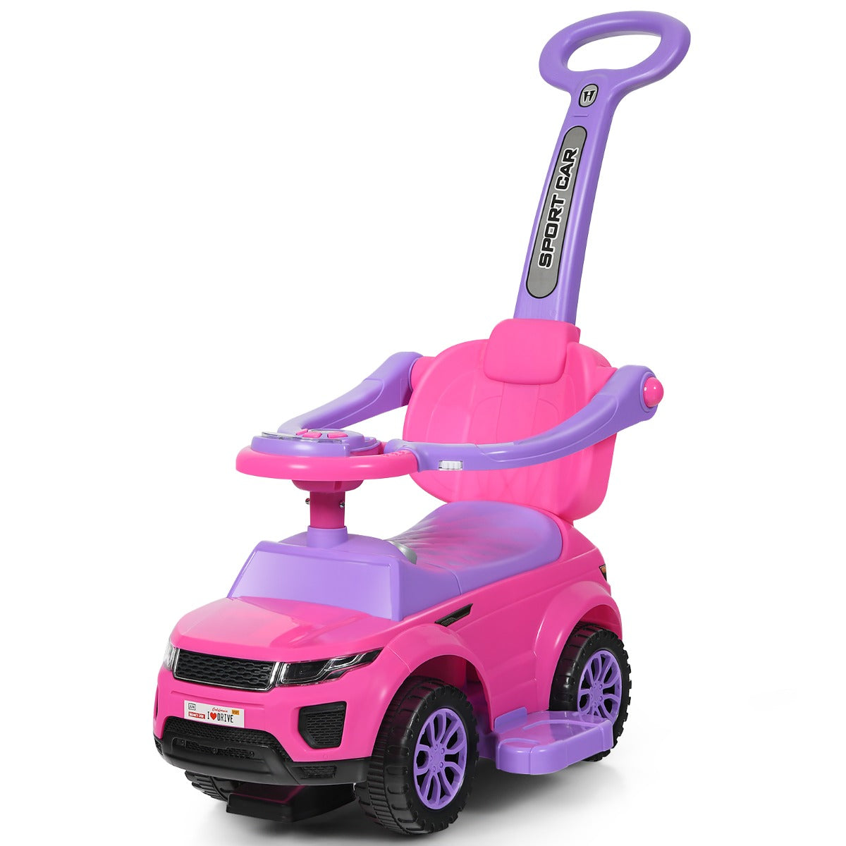 Coche de Empurrar 3 em 1 para Crianças de 12-36 Meses com Música, Luzes, Armazenamento Sob o Assento, Pega e Barras de Proteção em Cor-de-Rosa