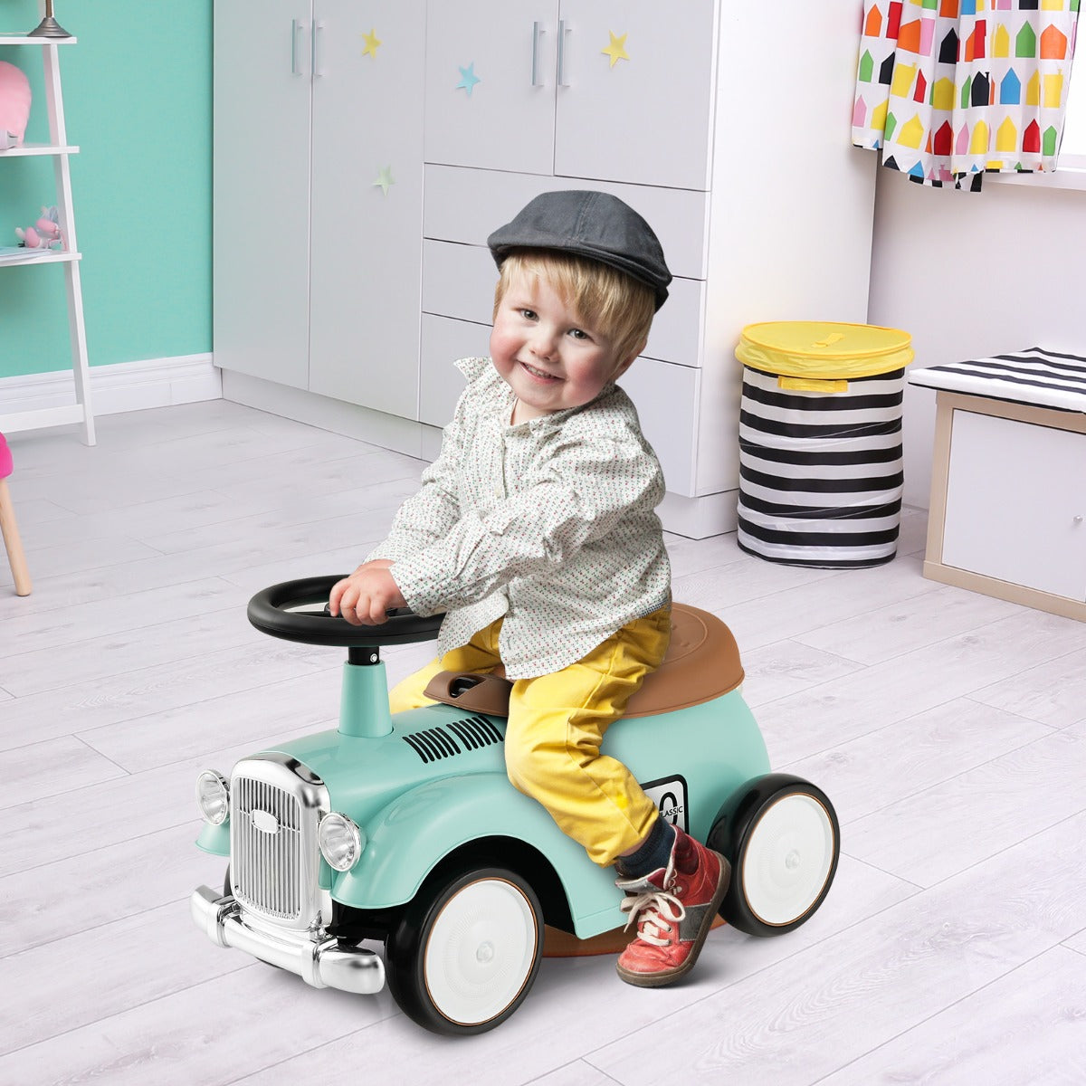 Correpasillos Auto Retro de Brinquedo para Crianças sem Pedais com Armazenamento e Rodas de EVA Veículo para Sentar e Levantar Verde