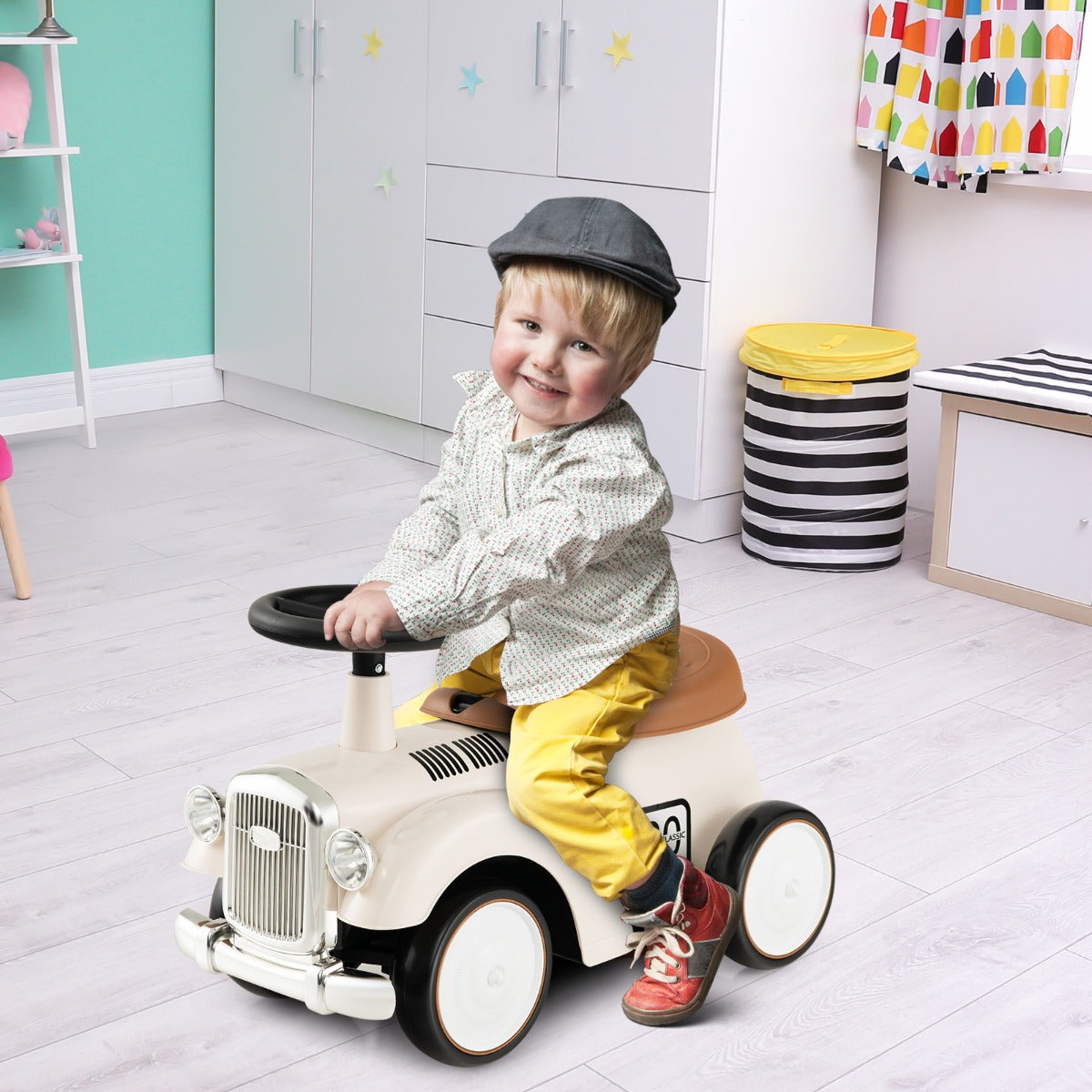 Correpasillos Auto Retro de Brinquedo para Crianças sem Pedais com Armazenamento e Rodas de EVA Veículo para Sentar e Levantar Branco
