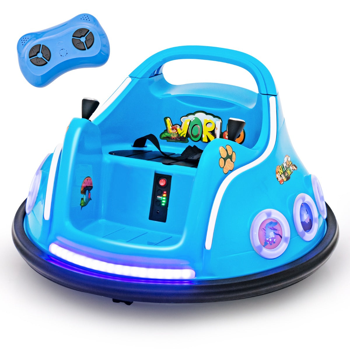 Carro de Choque de Brincar 12V com Rotação de 360° Controlo Remoto Luzes Música Incorporada 73 x 73 x 43cm Azul