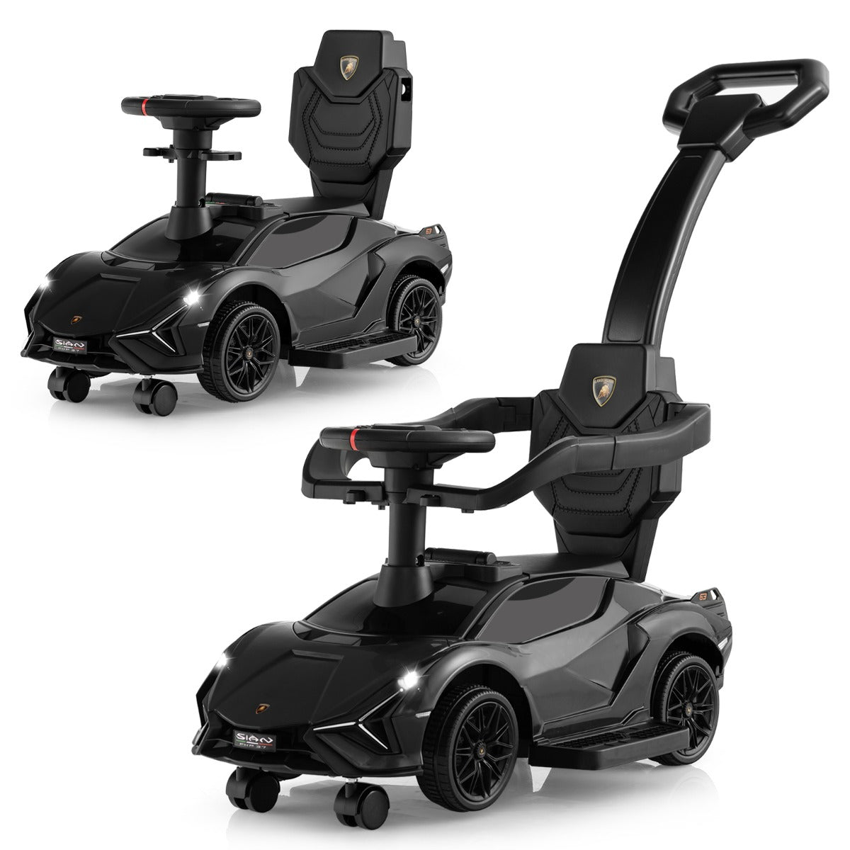 Carrinho de Empurrar 3 em 1 com Guarda Corrimãos e Guiador Amovíveis Música e Faróis Rodas Carrinho de Passeio para Crianças Preto
