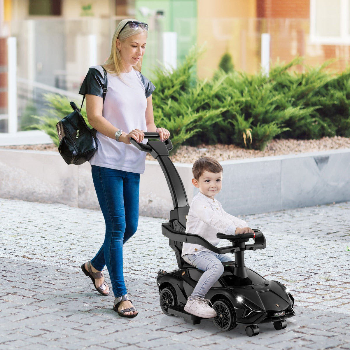 Carrinho de Empurrar 3 em 1 com Guarda Corrimãos e Guiador Amovíveis Música e Faróis Rodas Carrinho de Passeio para Crianças Preto