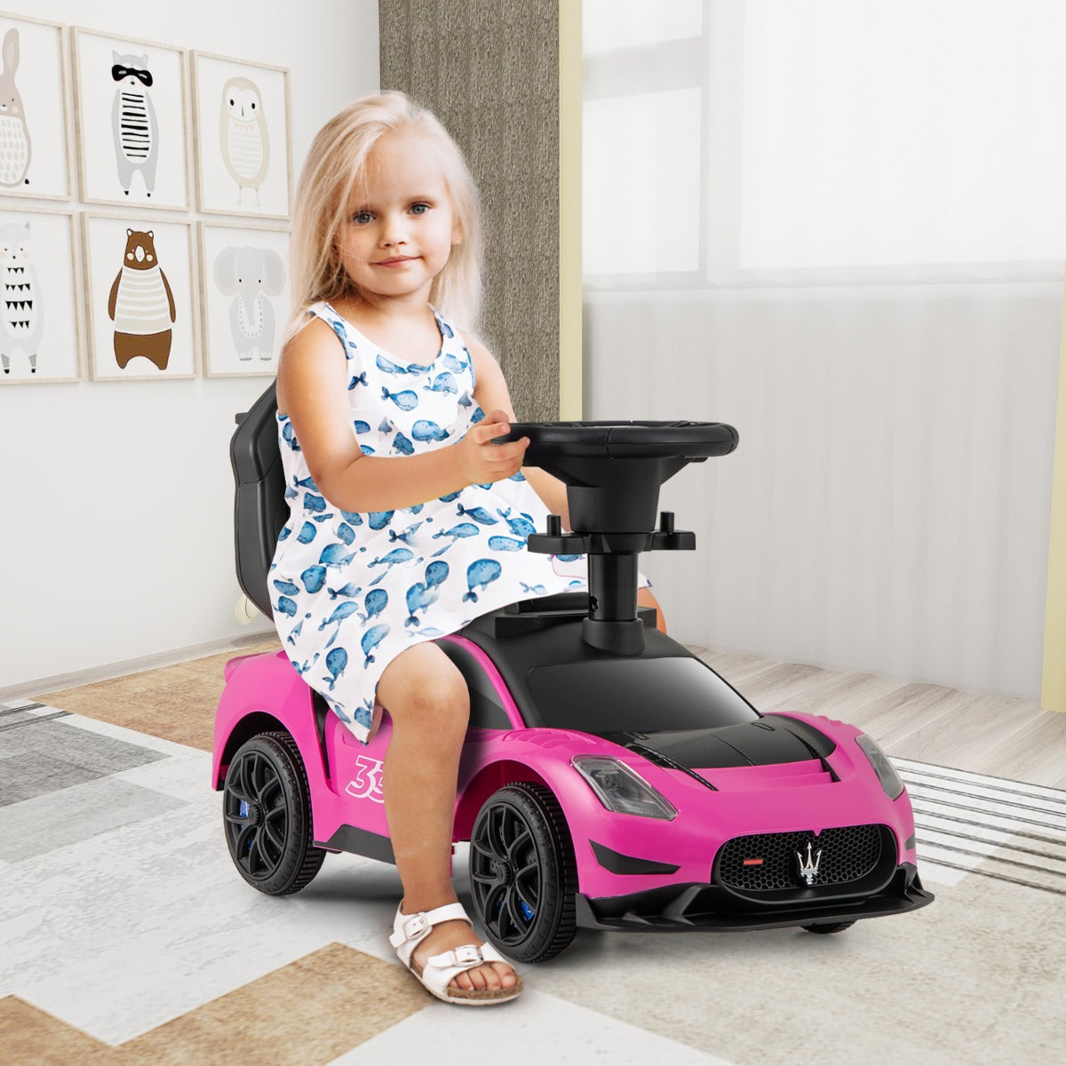 Carrinho Deslizante 3 em 1 para Crianças com Volante Musical e Armazenamento - Rosa