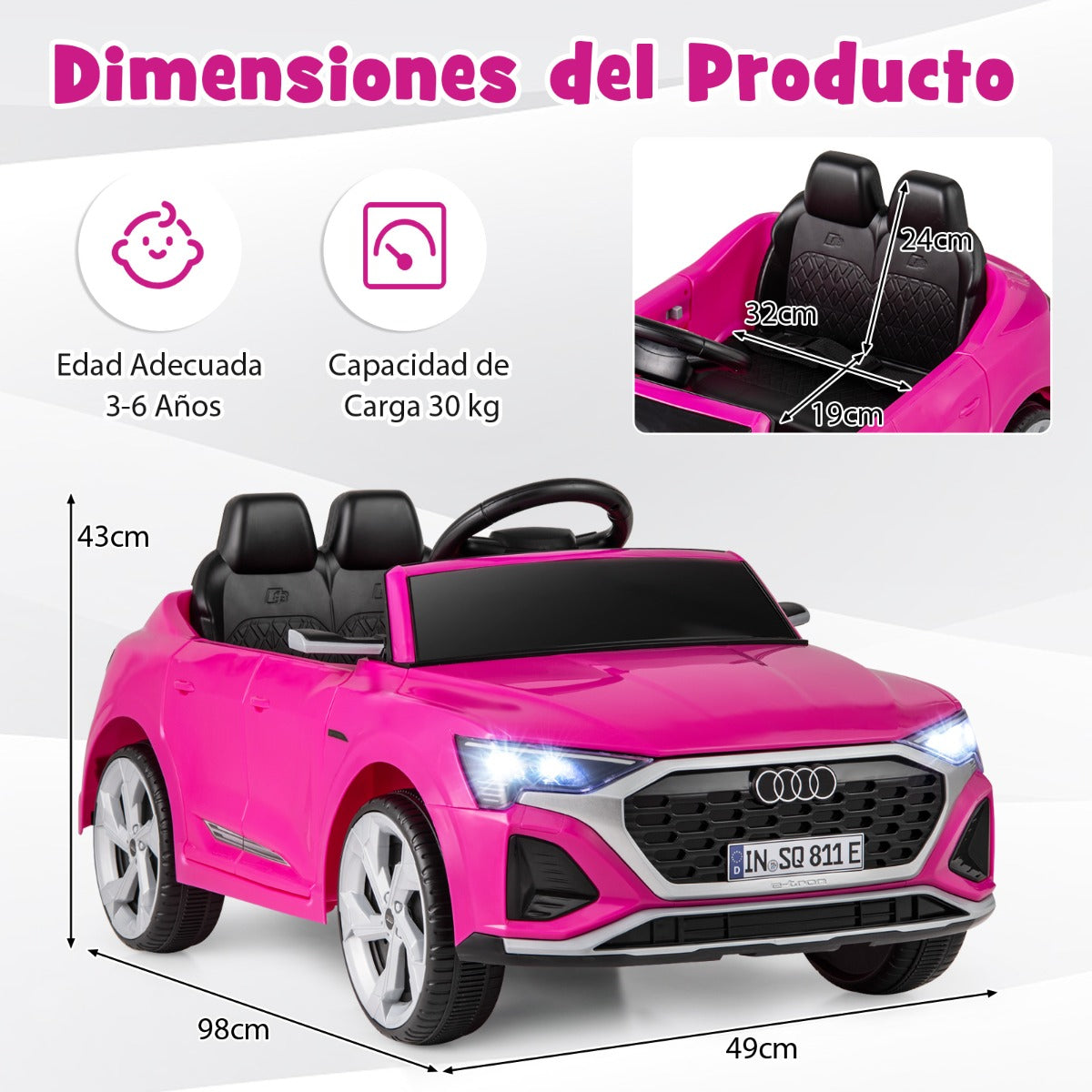 Carro Elétrico para Crianças – 12V – Rosa – Plástico