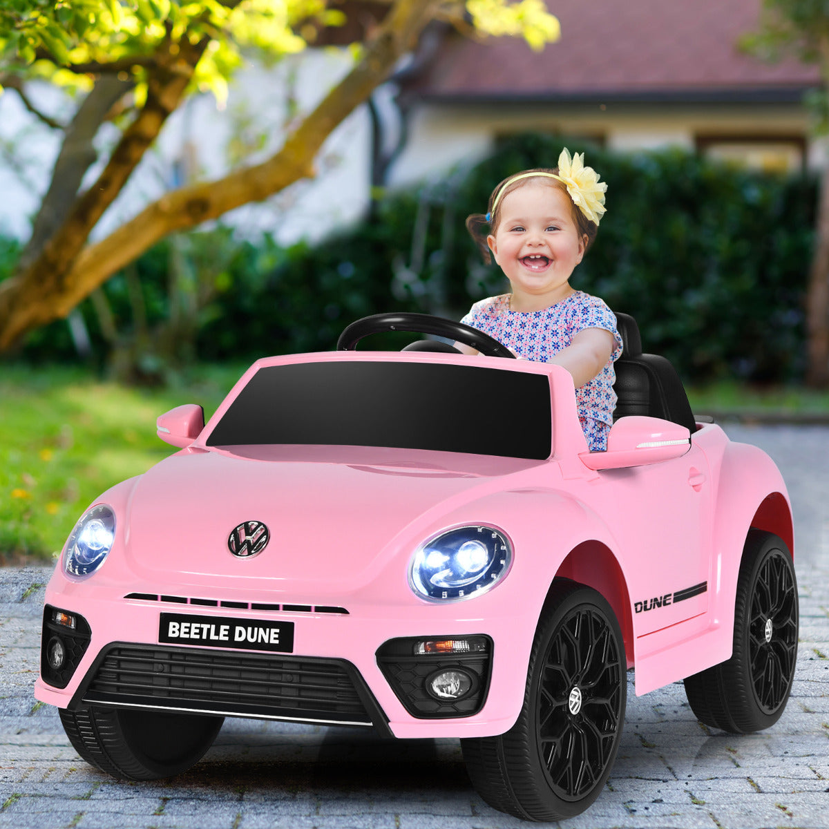 Carro Elétrico Volkswagen Beetle para Crianças Carro a Bateria 12V com Controlo Remoto Luzes Música Veículo Motorizado 95 x 56 x 47 cm Rosa