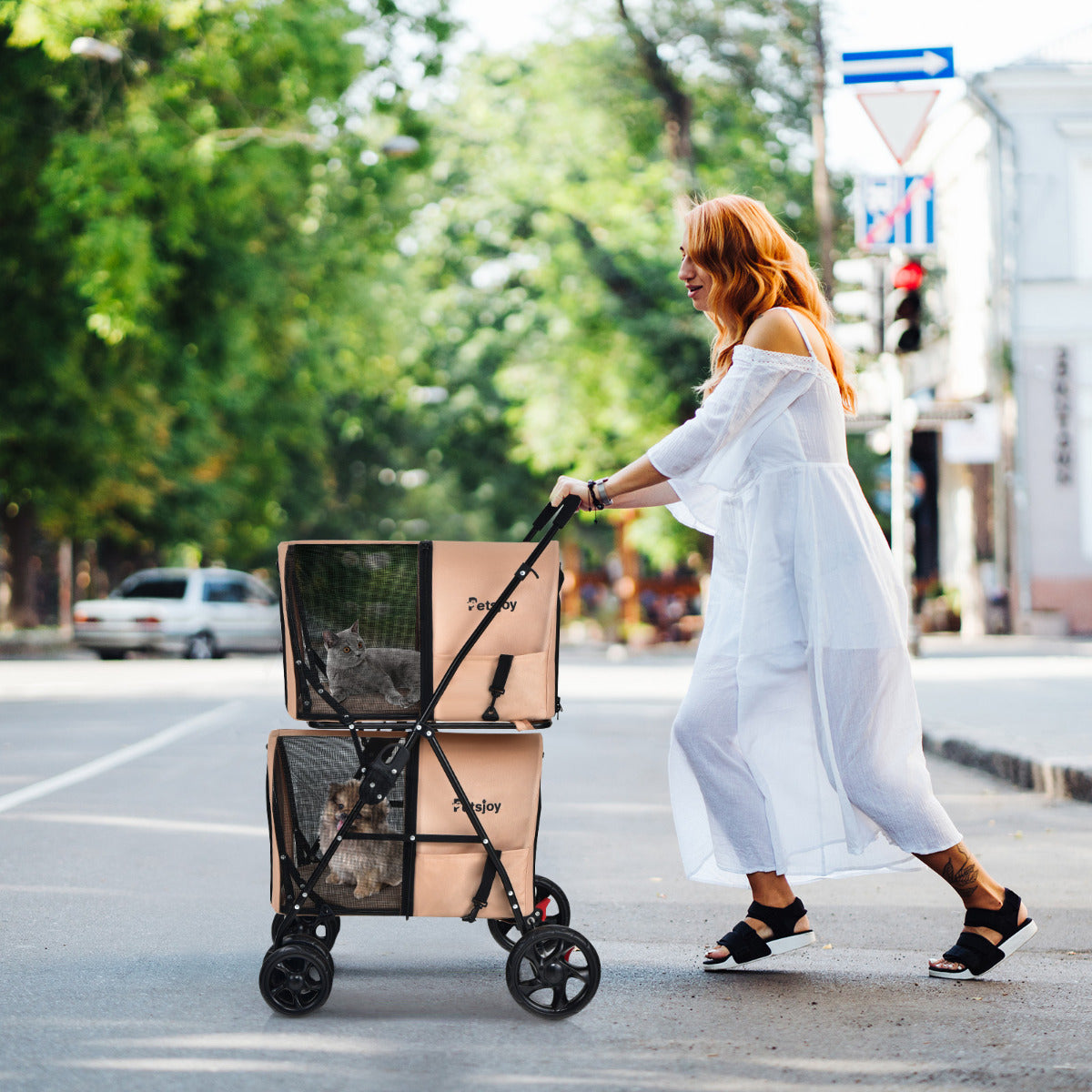 Carrinho Multifuncional para Animais de Estimação – 51 x 68 x 107 cm – Bege – Tecido Oxford e Metal