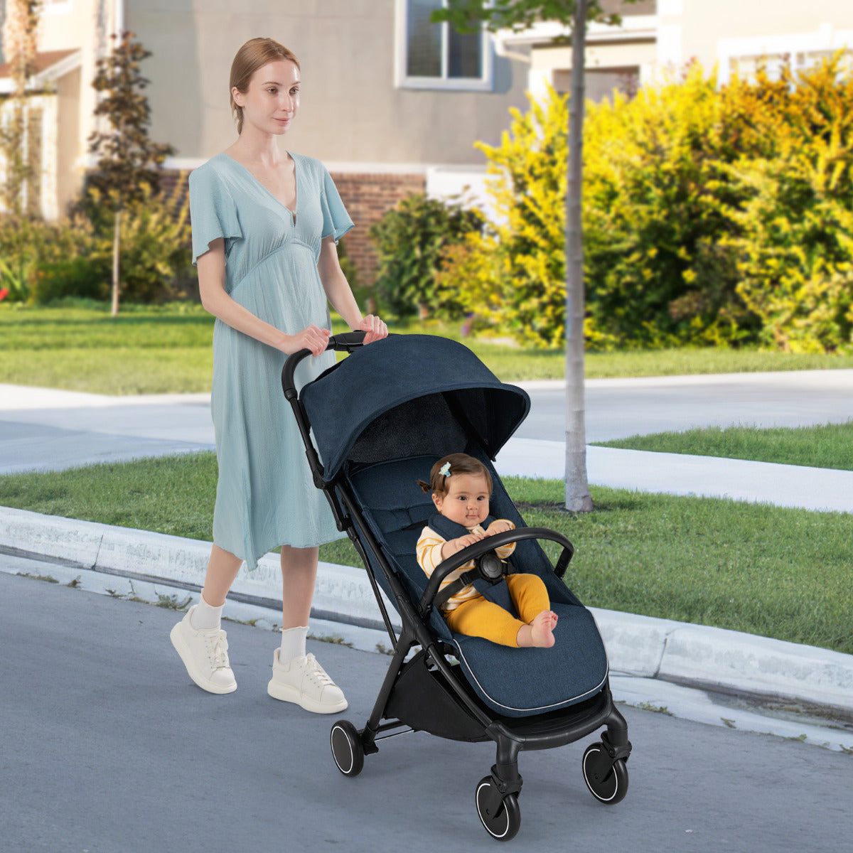 Cochecito de Bebé Compacto para Viagem com Design de Dobragem por Gravidade com uma Mão, Portátil, com Encosto Reclinável e Capota Azul