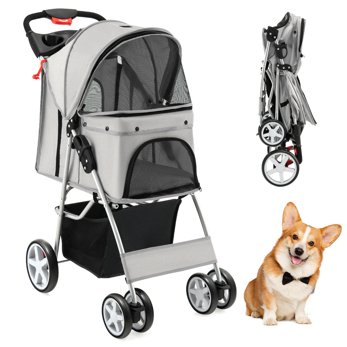Carrinho Dobrável para Animais de Estimação – 87 x 46 x 102 cm – Cinzento