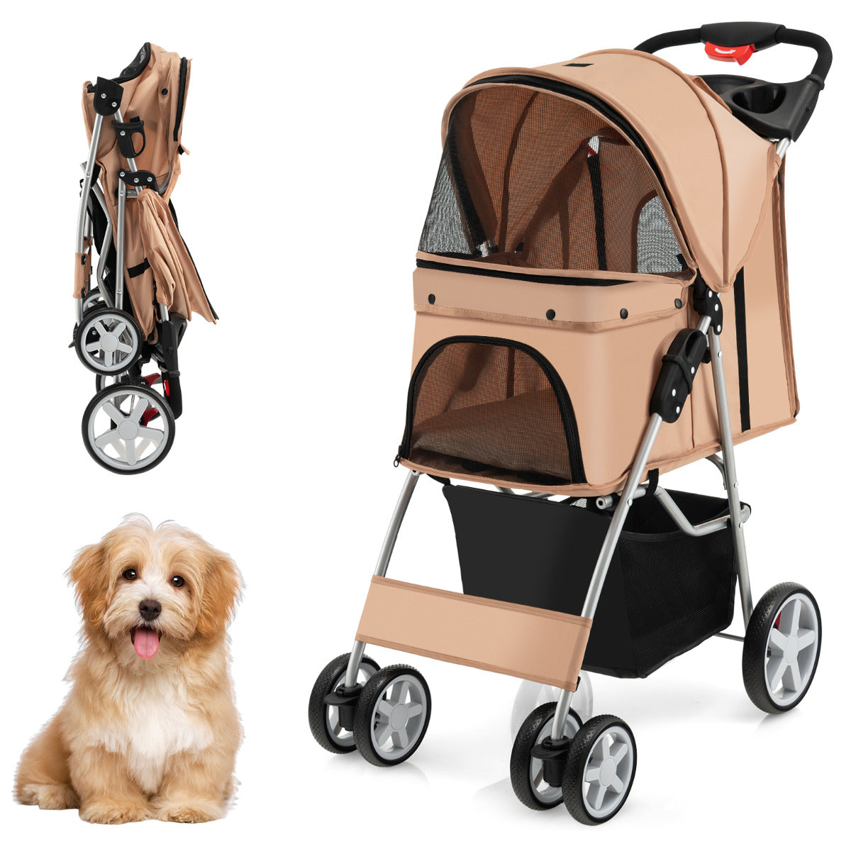 Carrinho para Animais de Estimação Dobrável de 4 Rodas Transportadora de Viagem Portátil para Gatos/Cães com Cesta Janela 87 x 46 x 102 cm Bege