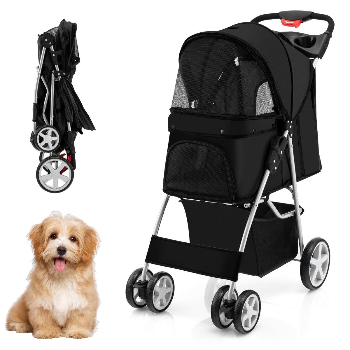 Carrinho Dobrável para Animais de Estimação de 4 Rodas Transportadora de Viagem Portátil para Gatos/Cães com Cesto Janela 87 x 46 x 102 cm Preto