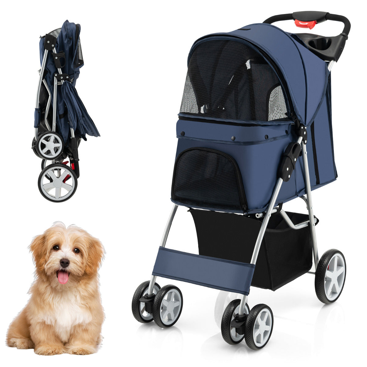 Carrinho para Animais de Estimação Dobrável de 4 Rodas Transportadora de Viagem Portátil para Gatos/Cães com Cesto Janela 87 x 46 x 102 cm Azul
