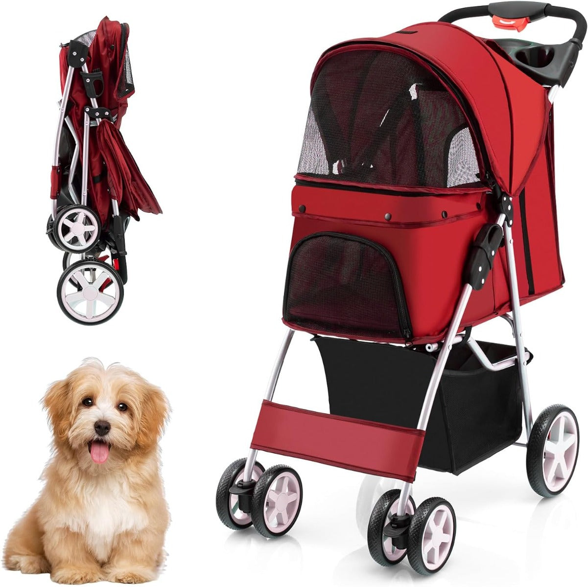Carrinho para Animais de Estimação Dobrável de 4 Rodas Transportadora de Viagem Portátil para Gatos/Cães com Cesto Janela 87 x 46 x 102 cm Vermelho