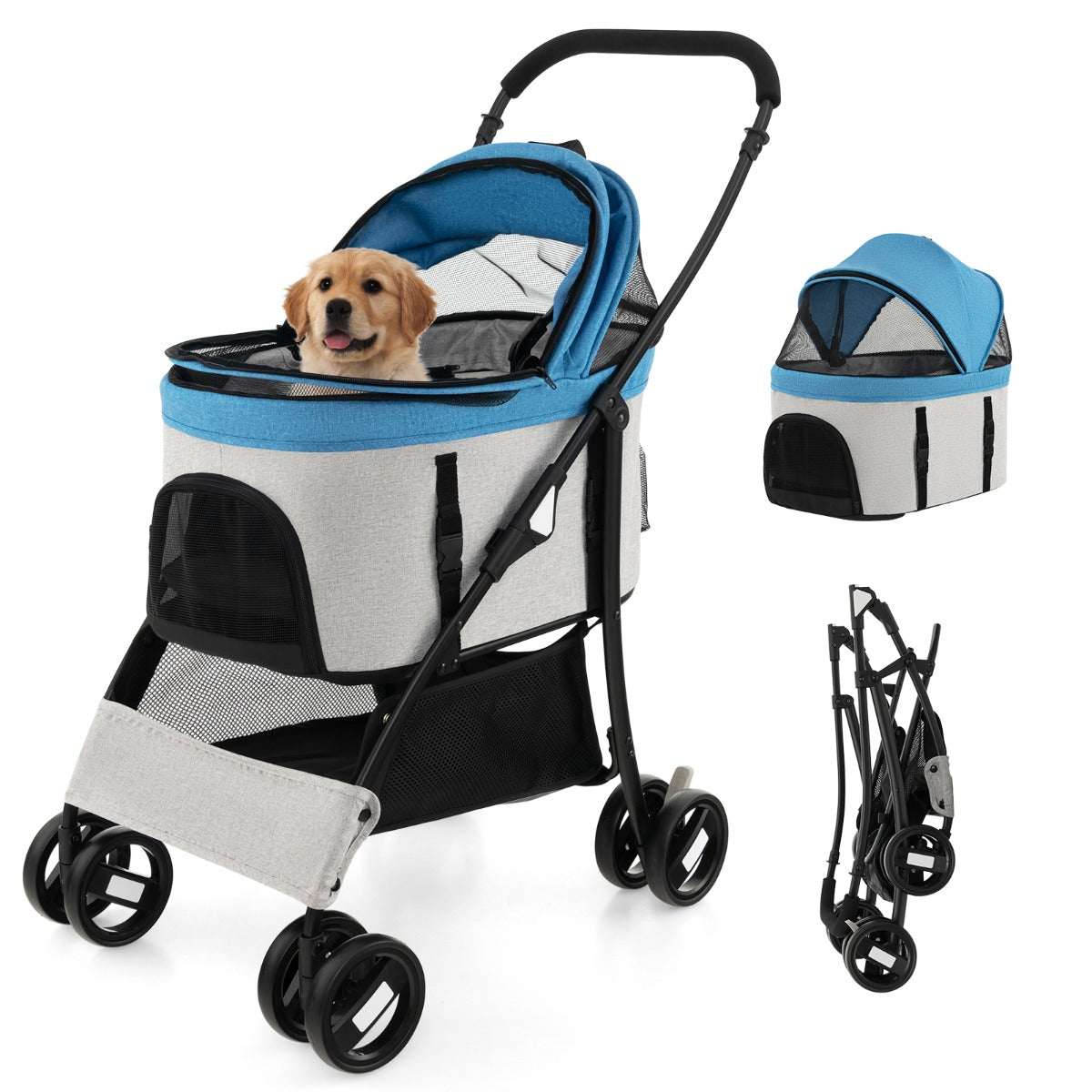 Carrinho Dobrável para Animais de Estimação – 88 x 48 x 98 cm – Azul