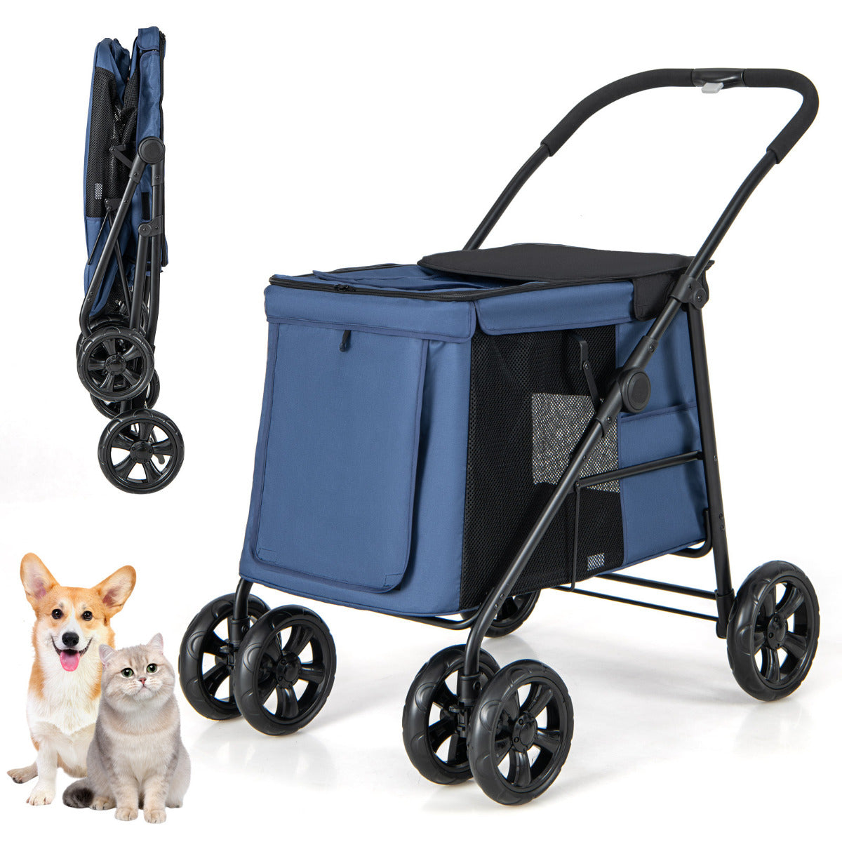 Carrinho de Passeio Dobrável para Animais de Estimação – Azul – Tecido Oxford