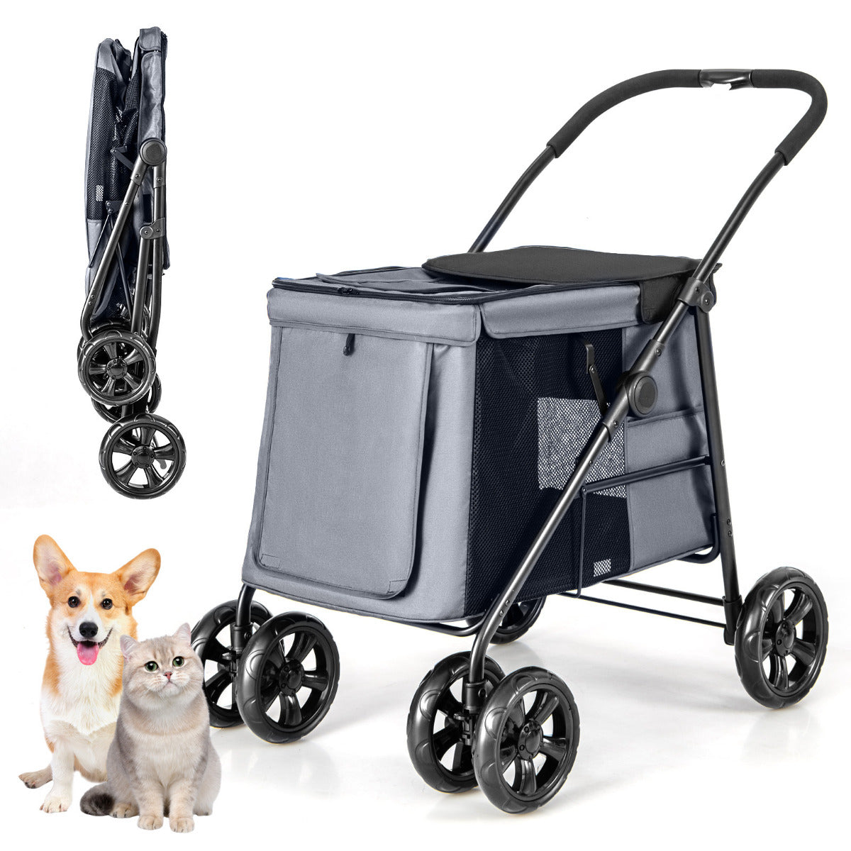 Carrinho Dobrável para Animais de Estimação Pequenos/Médios – 106 x 63 x 103 cm – Cinzento – Metal e Oxford