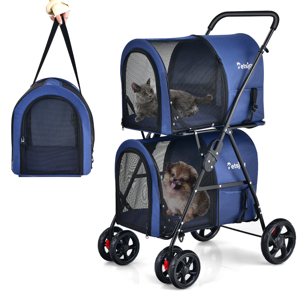 Carrinho para Animais de Estimação – 51 x 68 x 107 cm – Azul – Tecido Oxford e Metal