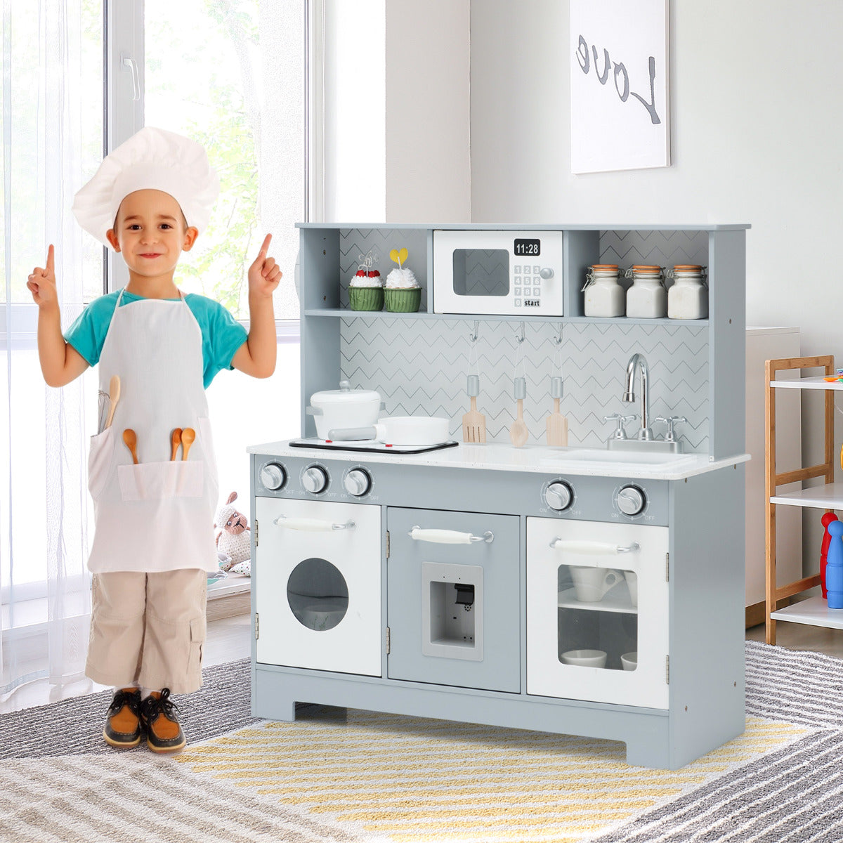 Conjunto de Cozinha de Brincar em Madeira – Branco e Cinzento – MDF