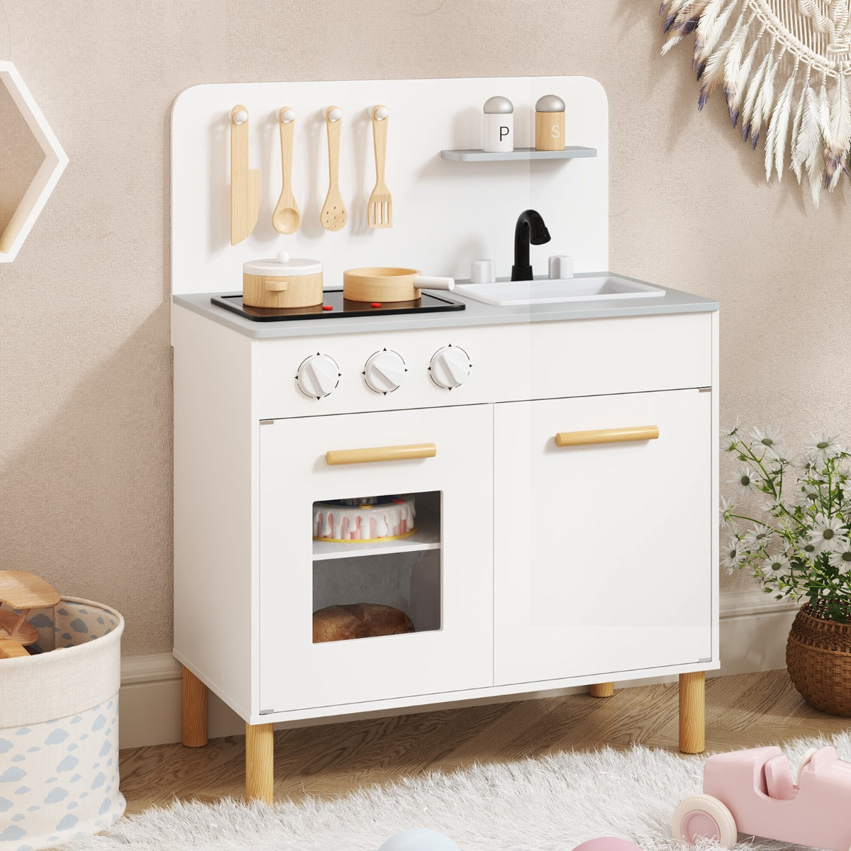 Cozinha de Brincar em Madeira – Kit Completo de Cozinha Infantil Branca