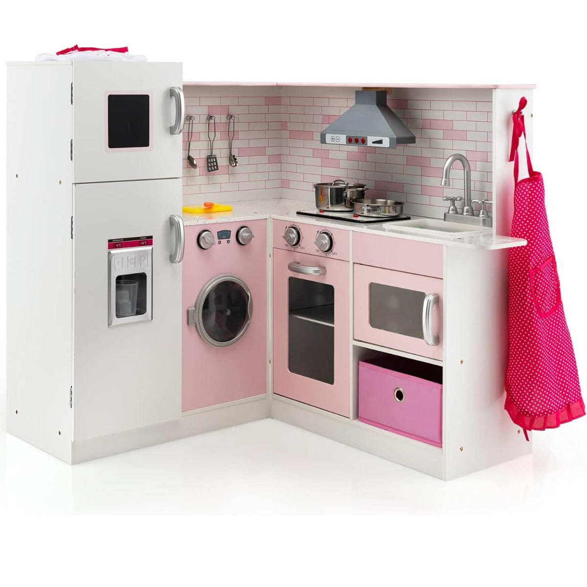 Cozinha de Brincar Grande em Madeira com Luz e Som Máquina de Lavar Forno Acessórios Divertidos Presente para Crianças Mais de 3 Anos Rosa