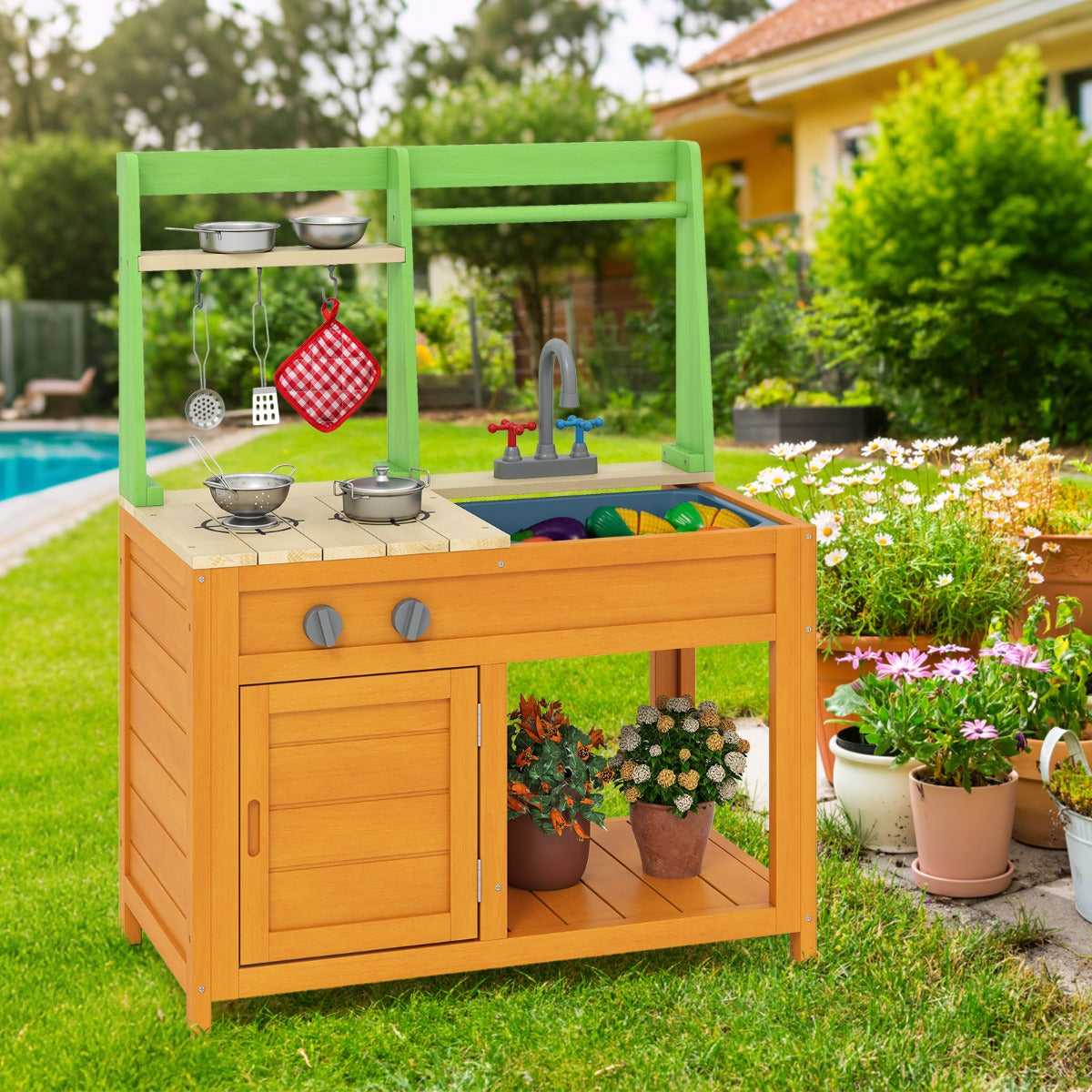 Cozinha de Barro para Crianças ao Ar Livre com Fogões Realistas Torneira Pia Forno e Acessórios de Cozinha Verde e Amarelo