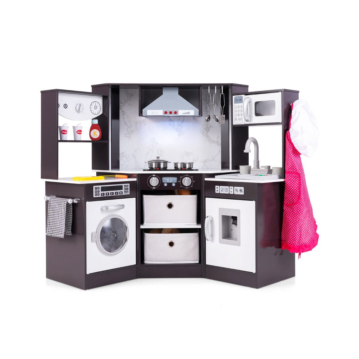 Cozinha de Madeira para Crianças com Exaustor, Dispensador de Água e Máquina de Lavar para Crianças a partir dos 3 Anos 102 x 51 x 85 cm Café