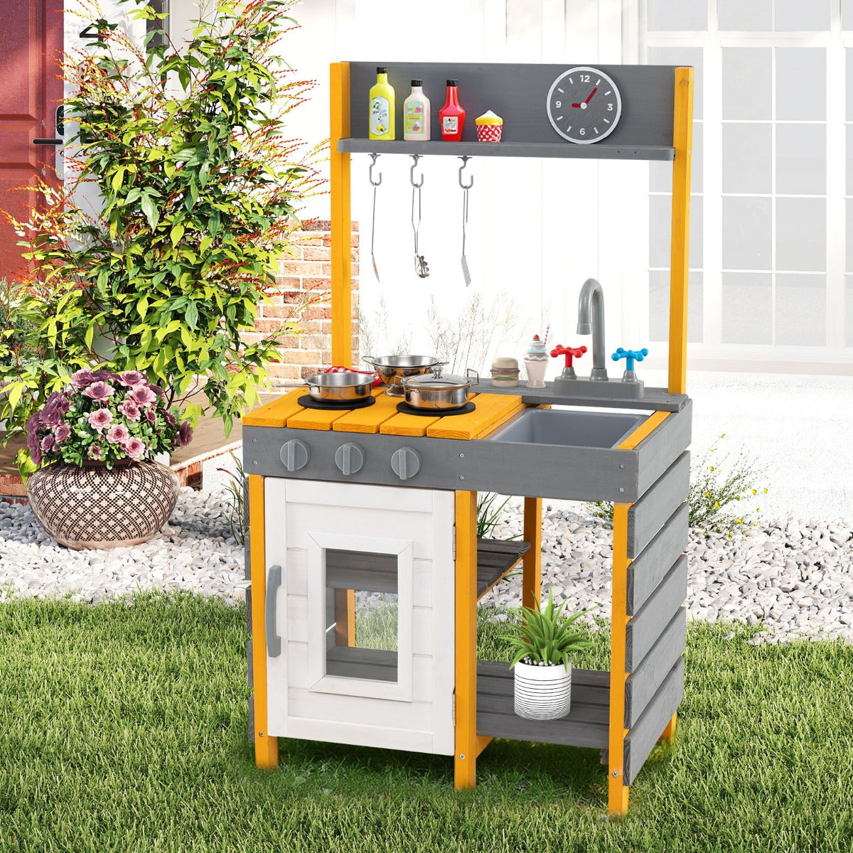 Cozinha de Barro para Crianças com Fogões, Pia Removível, Torneira, Forno, Ganchos e Prateleiras para Crianças de 3+ Anos em Cinzento e Amarelo