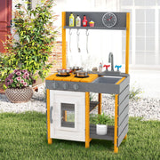 Cozinha de Barro para Crianças com Fogões, Pia Removível, Torneira, Forno, Ganchos e Prateleiras para Crianças de 3+ Anos em Cinzento e Amarelo