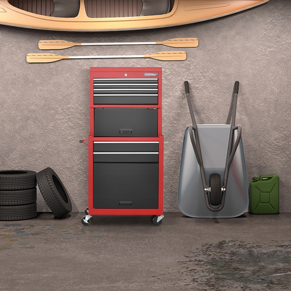Carrinho de Ferramentas com Fechadura 9 Compartimentos e Forro de EVA, Rodízios 2 em 1 para Garagem 61,5 x 33 x 132 cm Vermelho e Preto