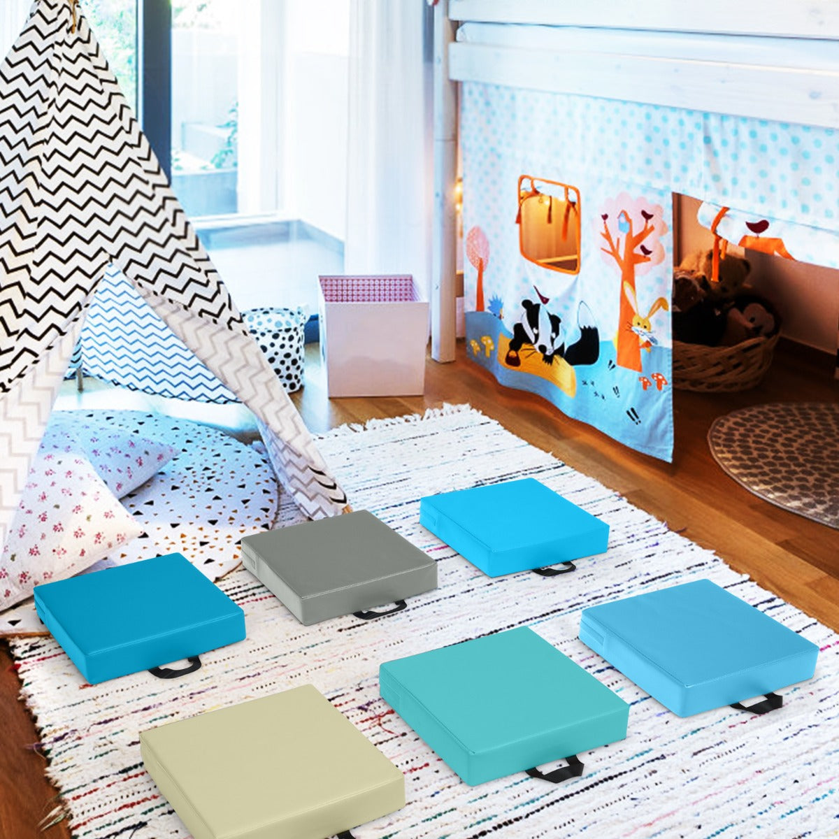 Conjunto de 6 Almofadas Quadradas Impermeáveis para Crianças com Pega Ergonómica para Exercitar as Habilidades Cognitivas Azul