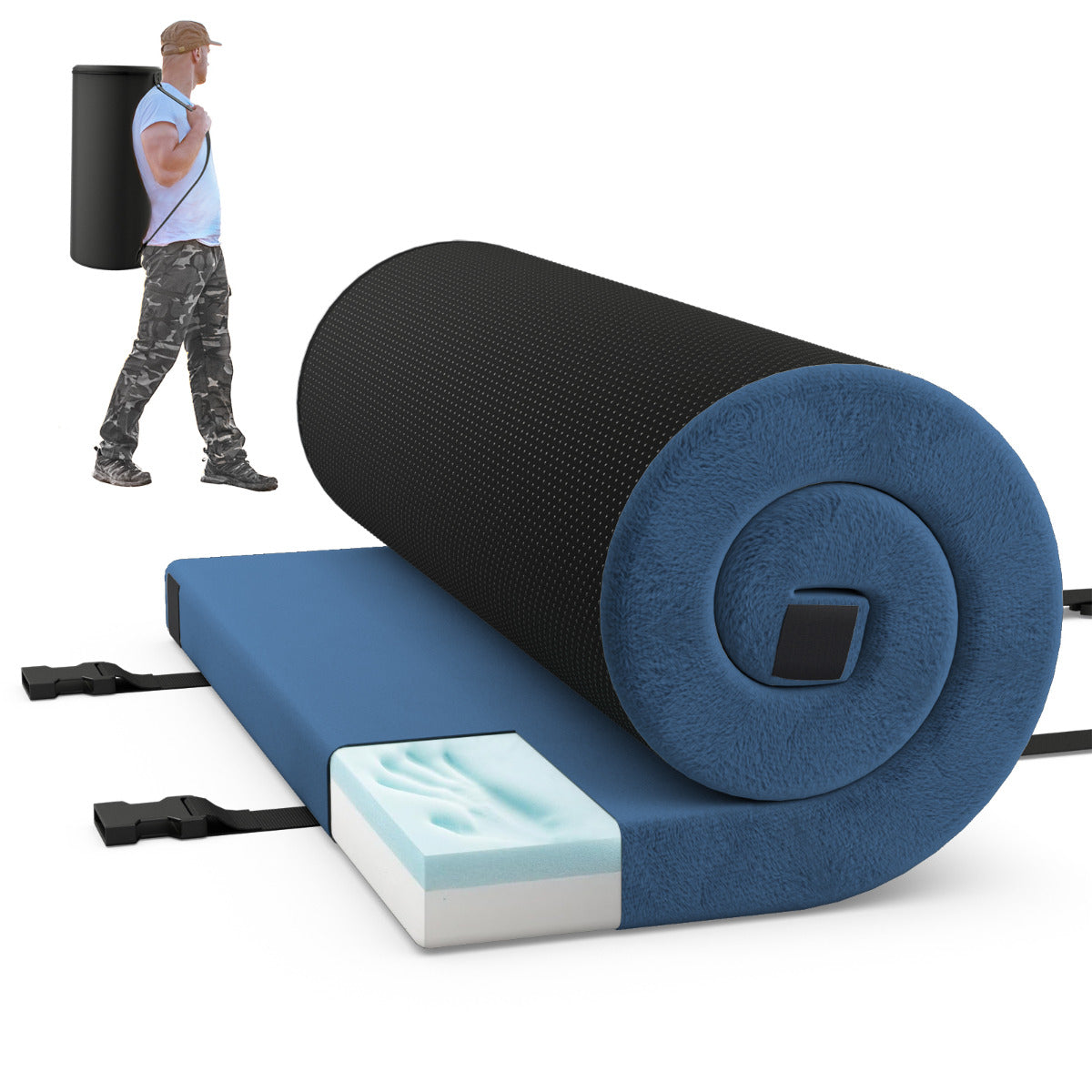 Colchão de Campismo com Almofada de Espuma de Alta Densidade e Base Antiderrapante Dobrável 188 x 92 x 6,5 cm Azul
